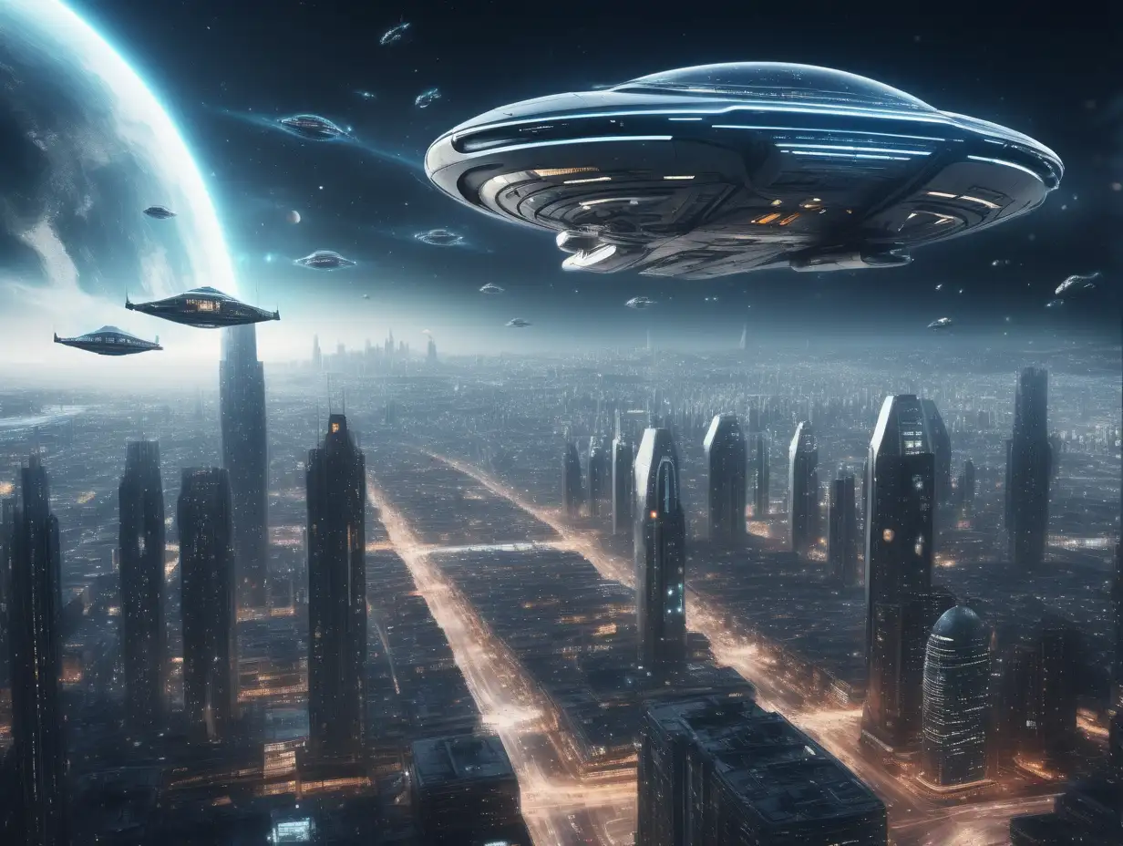 Futuristic Cityscape with Illuminated Hovering Spaceship