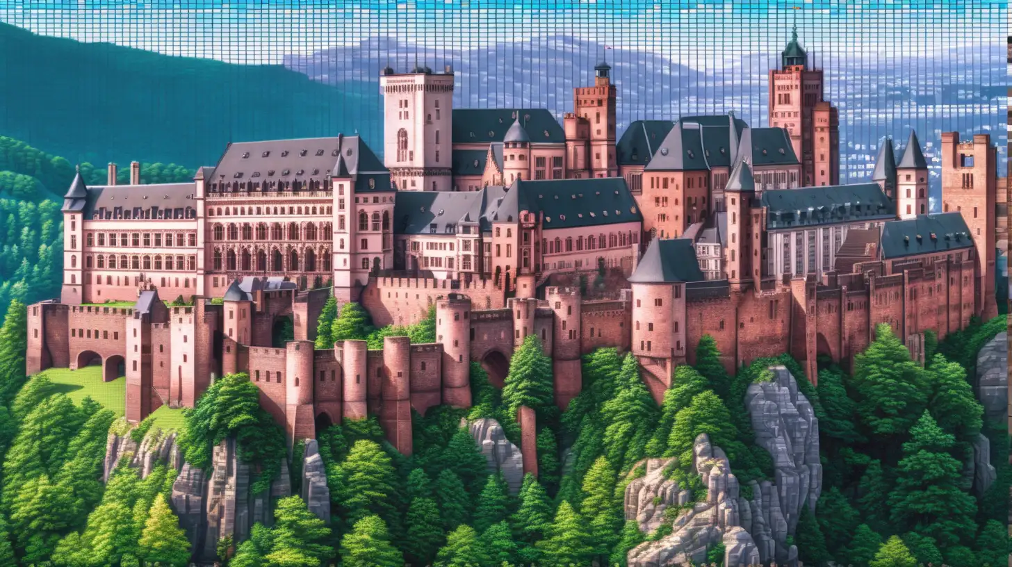 european landscape panorama pixelated, with pixel  blocks filled with the Heidelberg castle