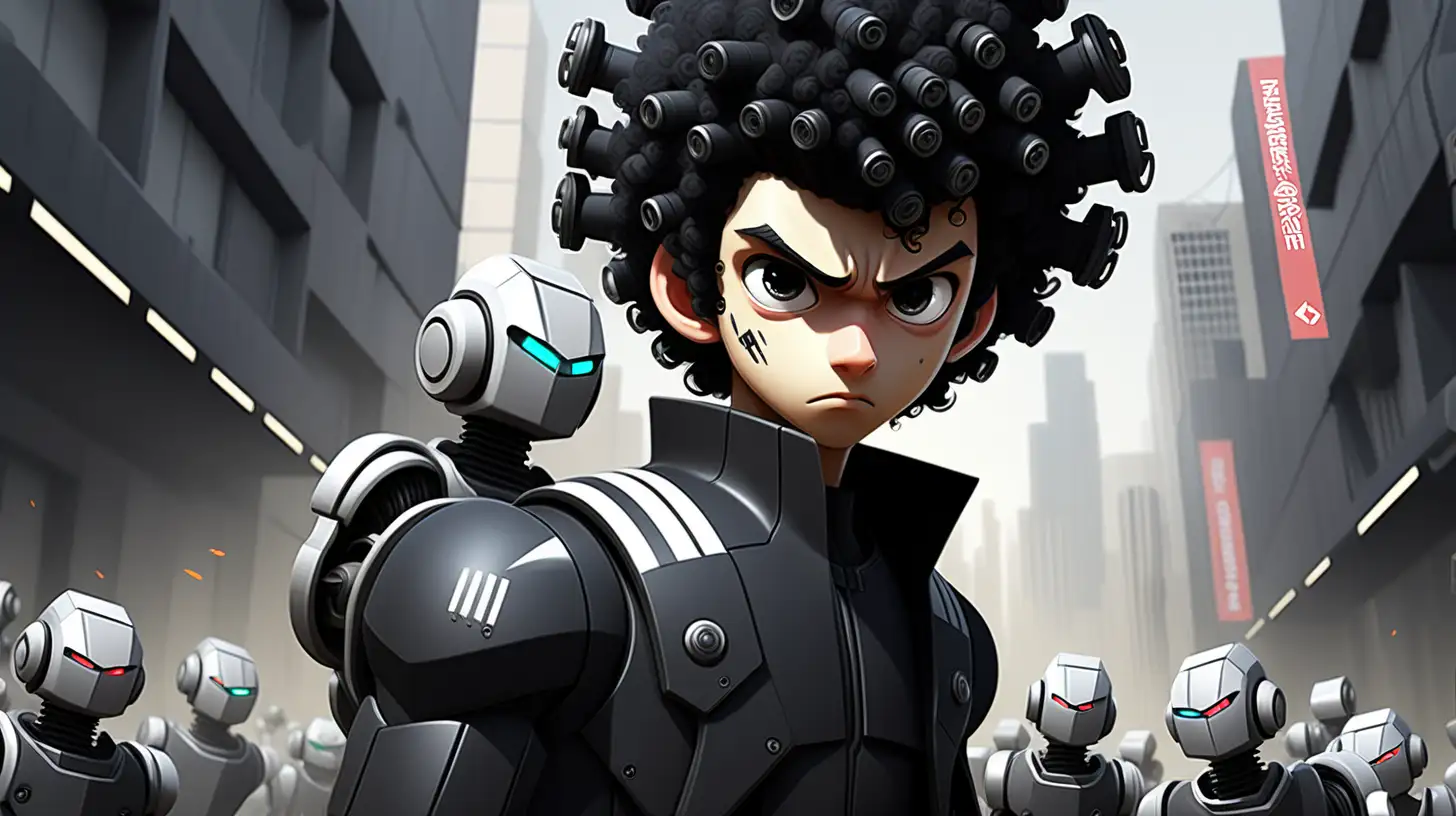 2d, anime, asian male, age 21, black curly hair, emo, thick black eyebrows, dark eyes, wearing black clothes with one white stripe, In a dystopian realm ruled by oppressive robots, Logan 5, a defiant hero, confronts a relentless horde of mechanical enforcers. Armed with futuristic weapons and acrobatic prowess, he battles robots, determined to dismantle their regime and ignite a spark of rebellion for freedom. street view