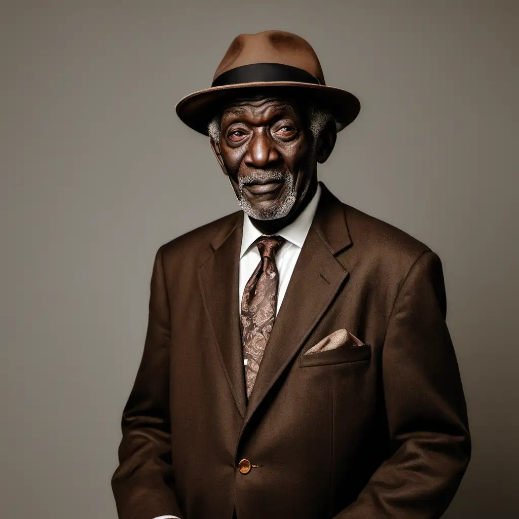 Elderly African American Man in Classic Brown Hat and Suit