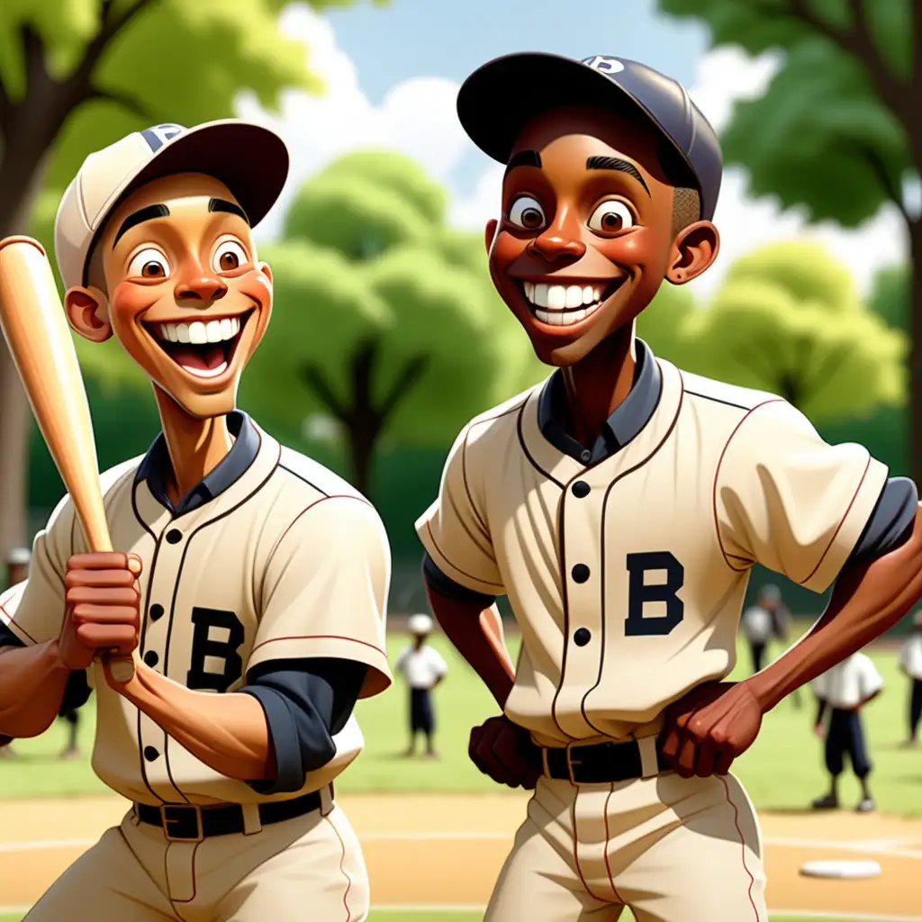 cartoon-style 1900s light-skinned 
African American men playing baseball  in the park and smiling