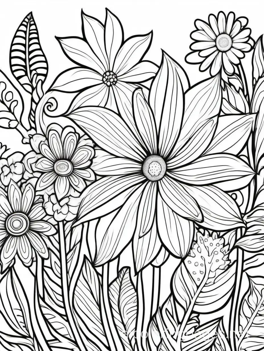Detailed Floral nature line art coloring page , Coloring Page, black and white, line art, white background, Simplicity, Ample White Space. The background of the coloring page is plain white to make it easy for young children to color within the lines. The outlines of all the subjects are easy to distinguish, making it simple for kids to color without too much difficulty