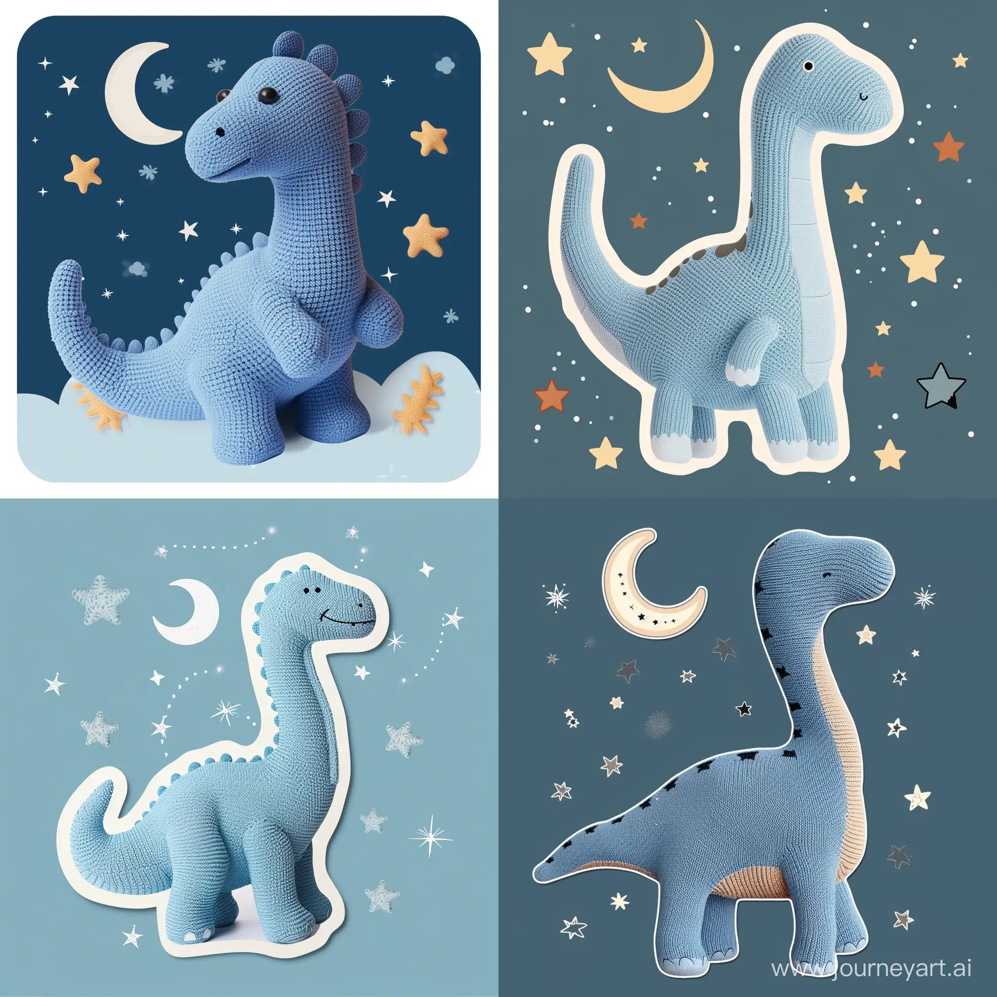 make a picture of a sticker for a packaging for a soft cotton knitted toy - blue dinosaur. Try to promote that this toy is an ideal companion for cuddling and sleeping. So we want to display stars and a crescent moon on the sticker
