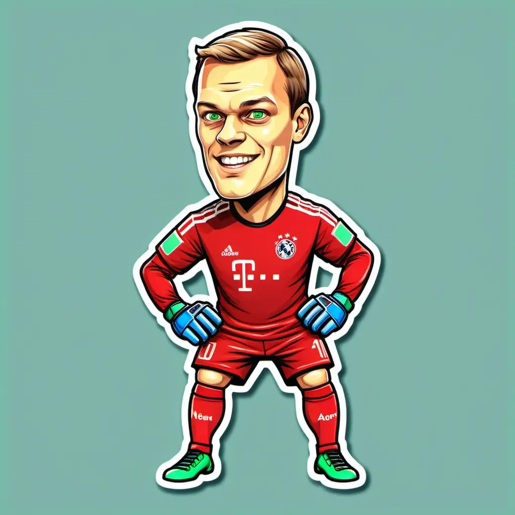 Cartoon sticker of Manuel Neuer in a dynamic goalkeeper pose, ready to make a save. Exaggerate his facial features and use bold, bright colors for a classic cartoon style.