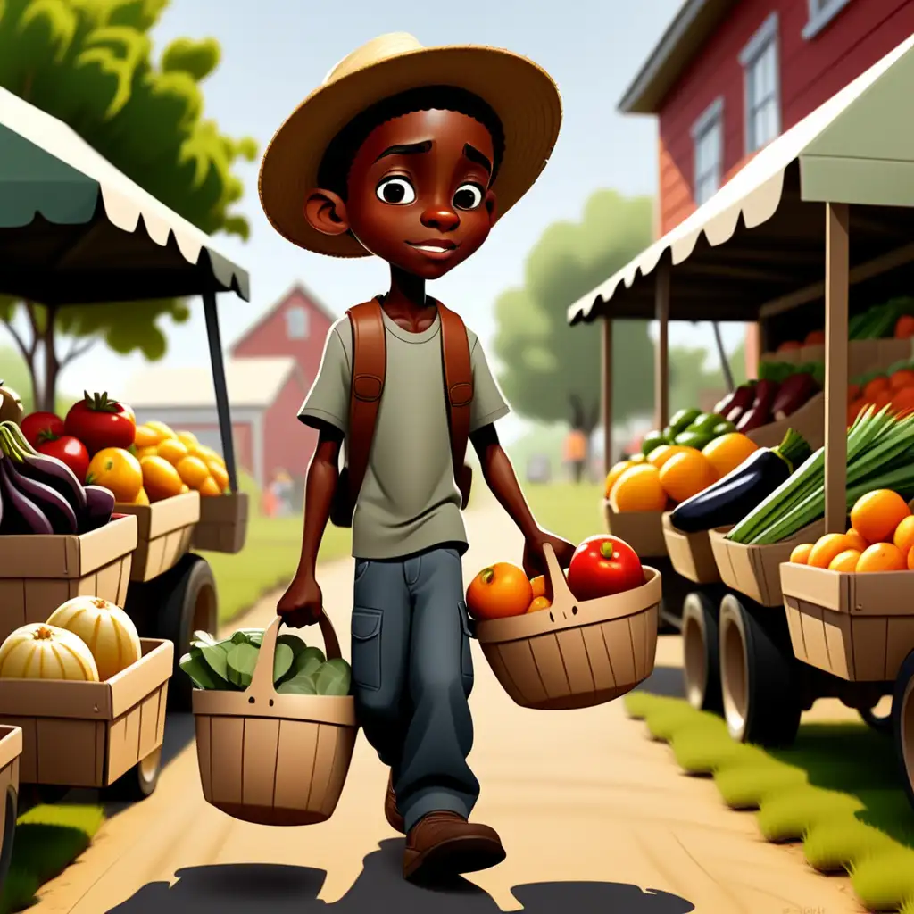 cartoon african american 10 year old boy going to the farmer's market
