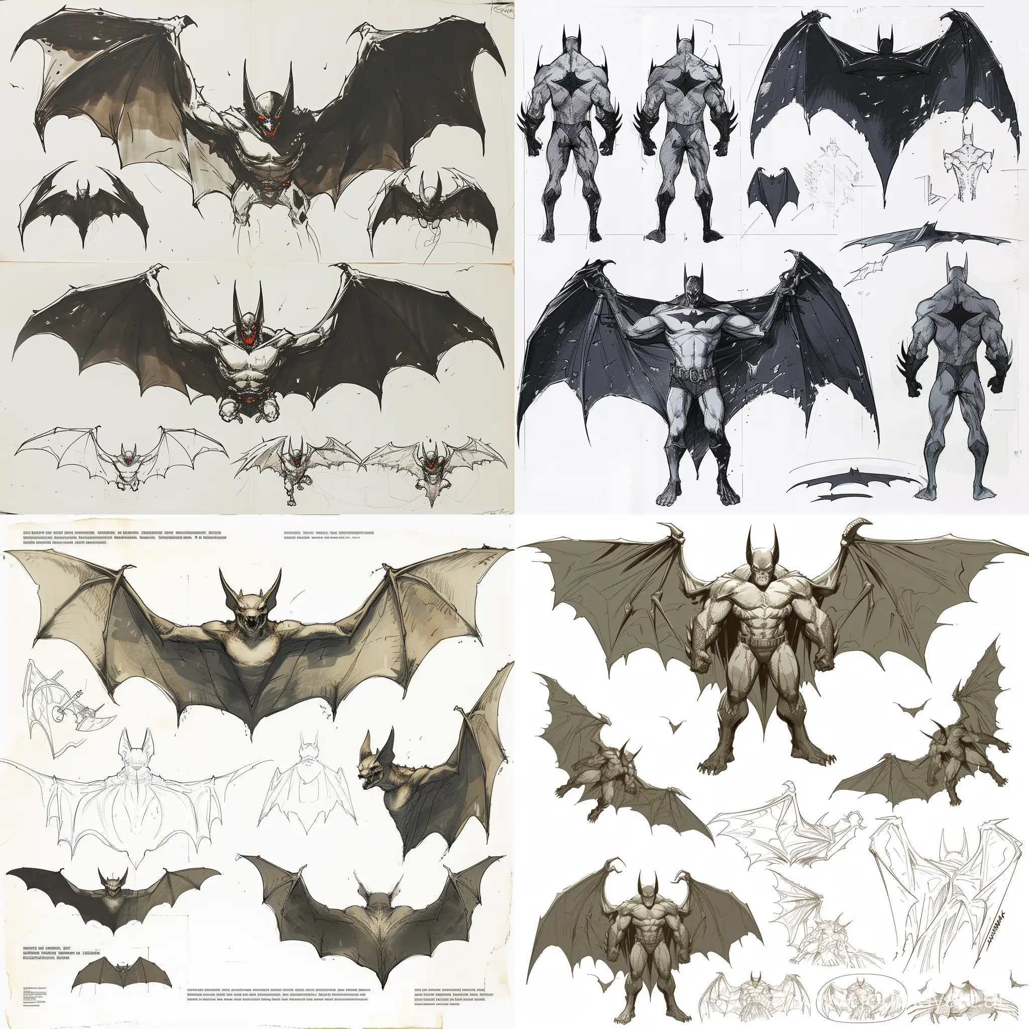 Bat, transformation,character design, concept design sheet, white background, style of yoji shinkawa