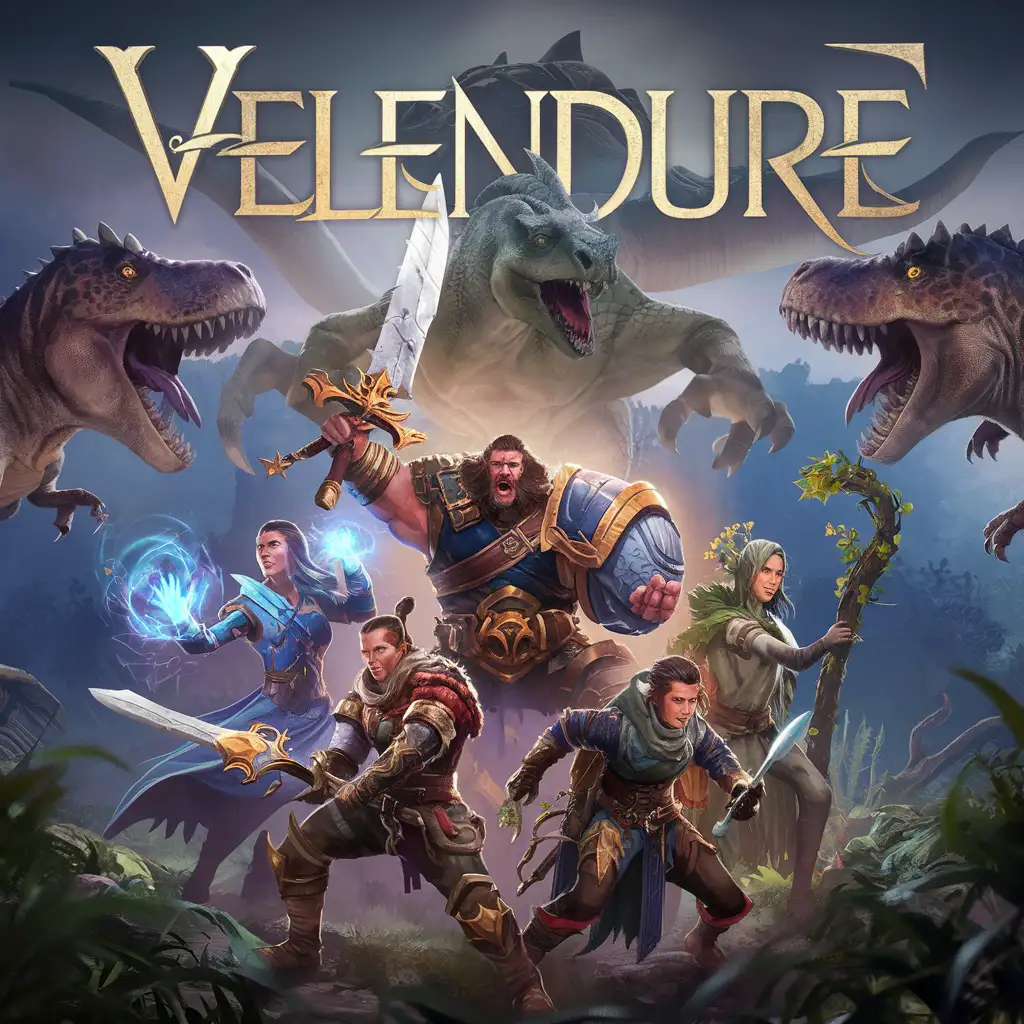 STYLIZED FANTASY WORLD VIDEO GAME LOGO COVER ART WITH THE LETTERS "VELENDURE" ACROSS GAME COVER ART, HEROES PARTY MAGE WARRIOR ROGUE DRUID RANGER VS DINOSAUR MONSTERS