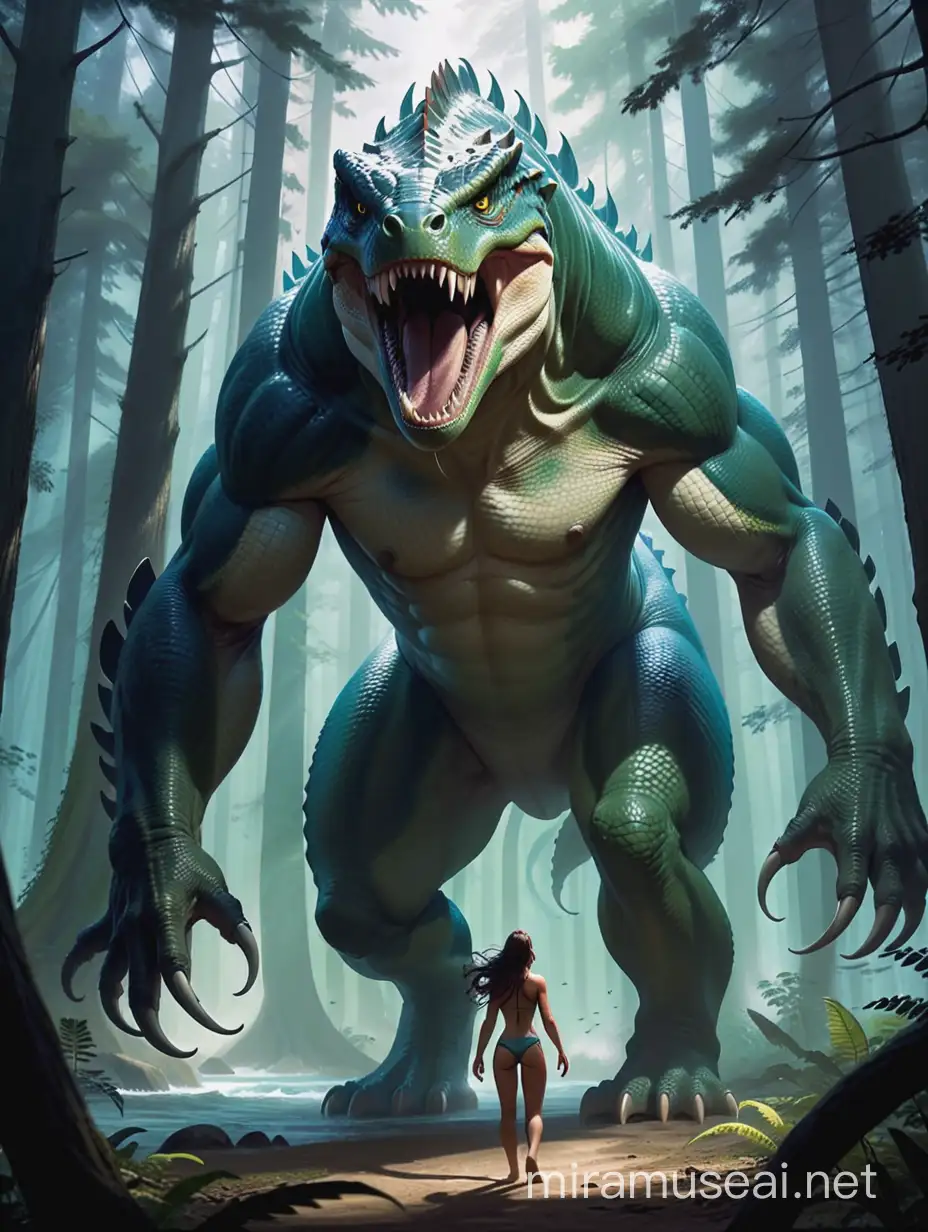 Huge, monstrous creatures known as snurfers emerged from the shadows of the forest, their massive bodies towering over her at a staggering 15 feet tall. Their reptilian forms were covered in thick, scaly skin, their jaws filled with razor-sharp canines, and their long claws glinting in the dim light.