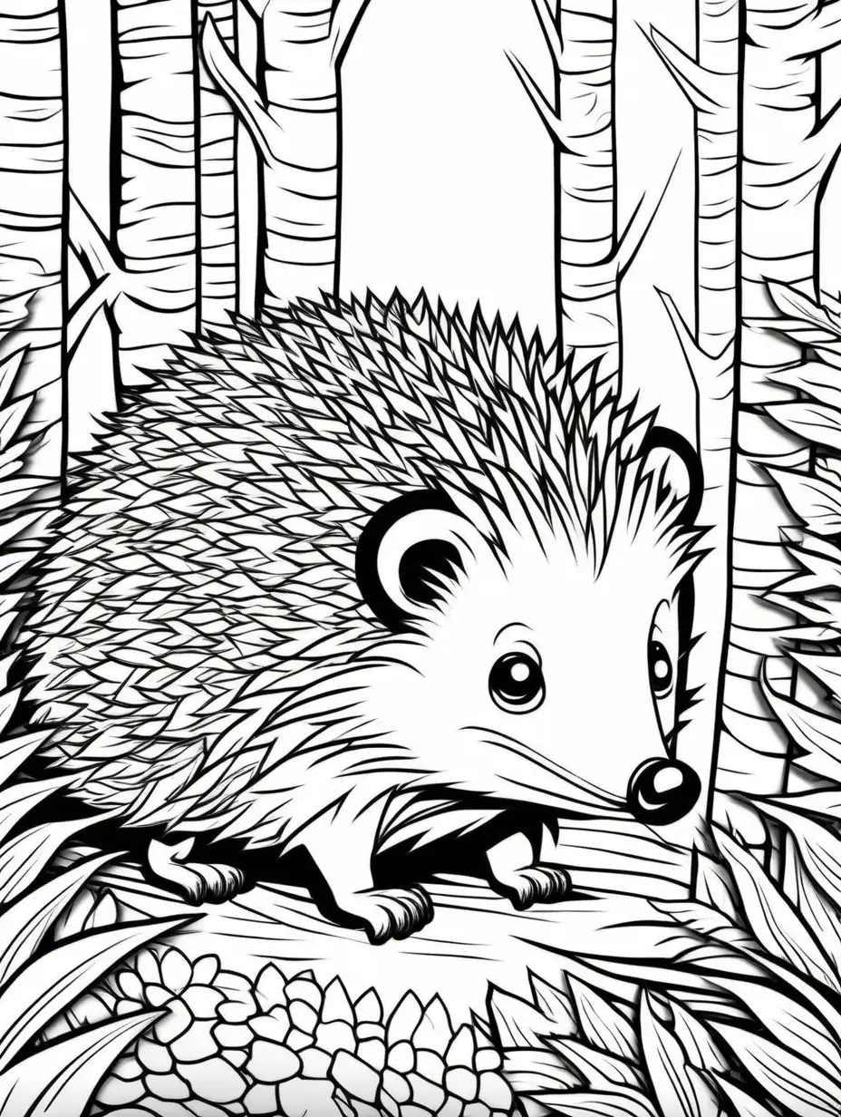 coloring page, Hedgehog in the wildlife scene, forest, high detail, thick line, no shading
