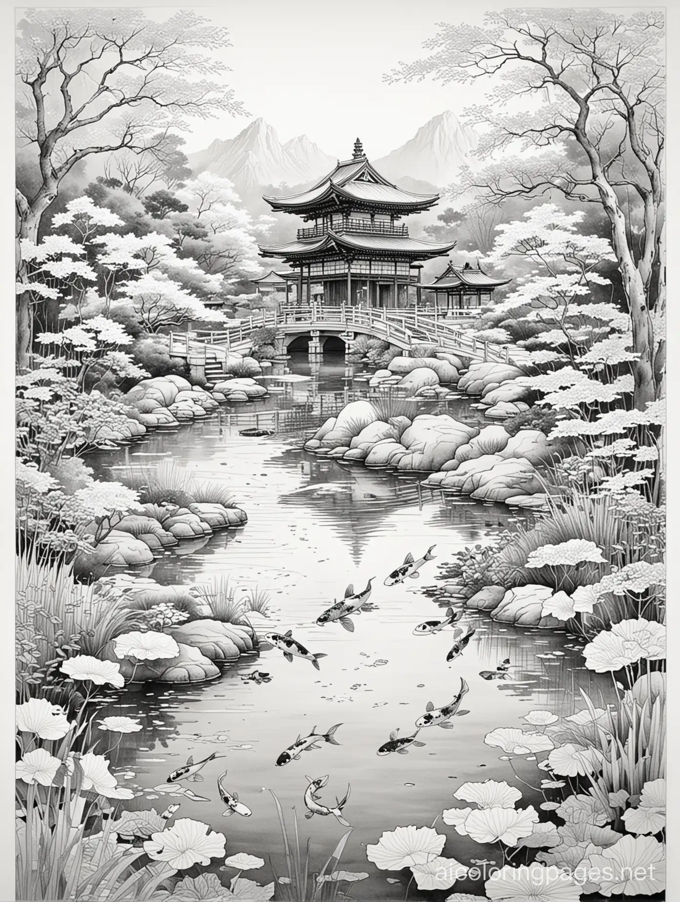 Watercolor painting, Japanese style, Kojiki, mythology, building, coloring book, thin lines, no color, black and white, koi pond, dry landscape, temple garden, Coloring Page, black and white, line art, white background, Simplicity, Ample White Space. The background of the coloring page is plain white to make it easy for young children to color within the lines. The outlines of all the subjects are easy to distinguish, making it simple for kids to color without too much difficulty