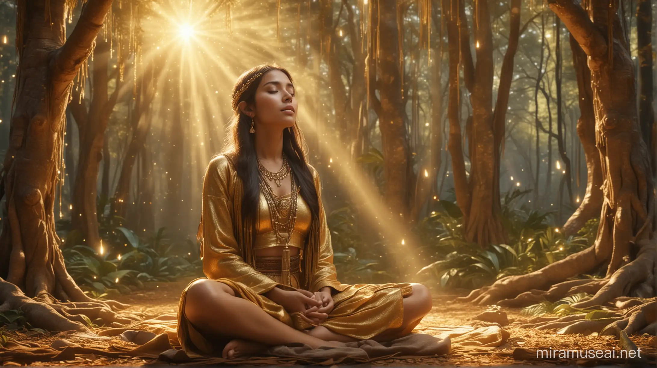 una bella joven inca meditando sentada a ojos cerrados en lindo bosque encantado de fantasia, luz brillante de oro de fantasia, chispitas de oro a su alrededor brillantes, ambiente místico magico, imagen ultra real perfecta detalles muy niditos de alta calidad, cinematográfica 4k.