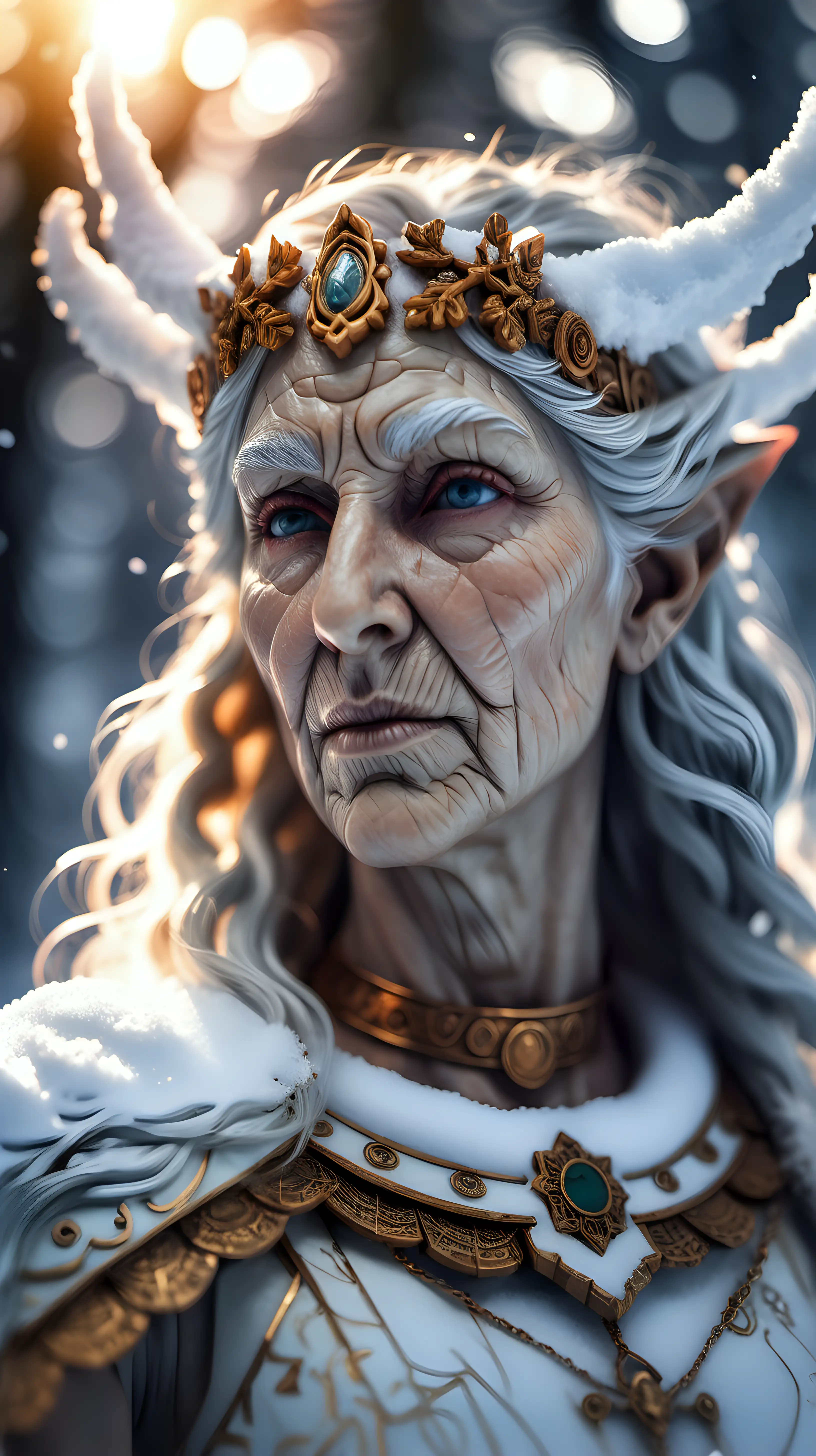 portrait of the elderly God Freya, detailed and textured skin, snow in hair, background snow forest, ambient sunset light