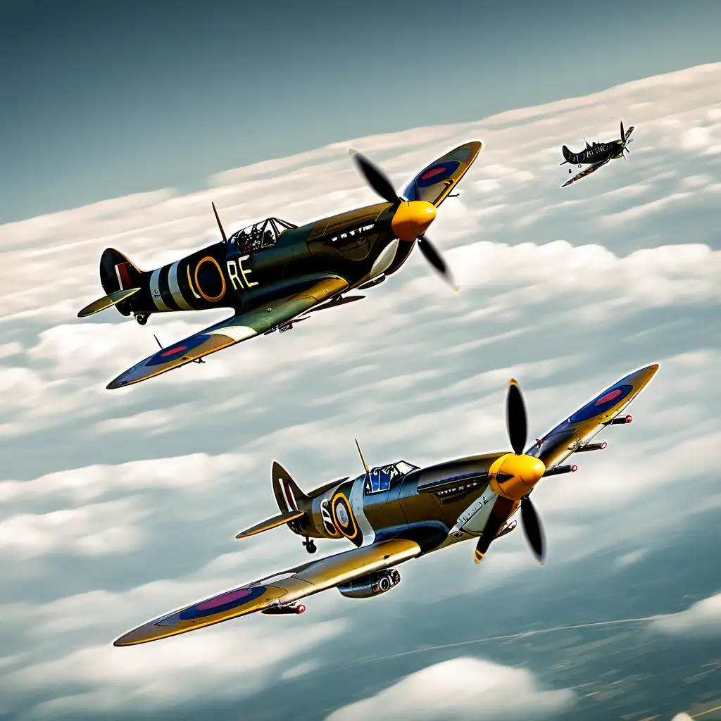 vintage spitfire airplanes flying in the sky
