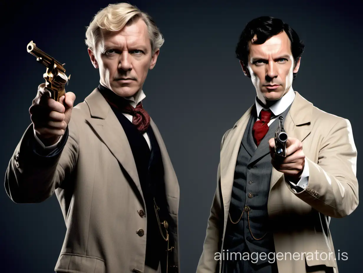 2 men  wear Victorian era clothes. They are 35 years old. A man with short blonde hair holds an antique six-shooter revolver with his right hand pointing up in a James Bond pose. He has no facial hair. He wears a beige suit with a red tie.  He is Doctor Watson. The second man stands with his hands in his pockets. He does not have a gun. He has short BLACK hair and wears a BLACK frock coat. He is taller.  He is clean-shaven with an angular face . He is Sherlock Holmes. Neither man wears a hat.