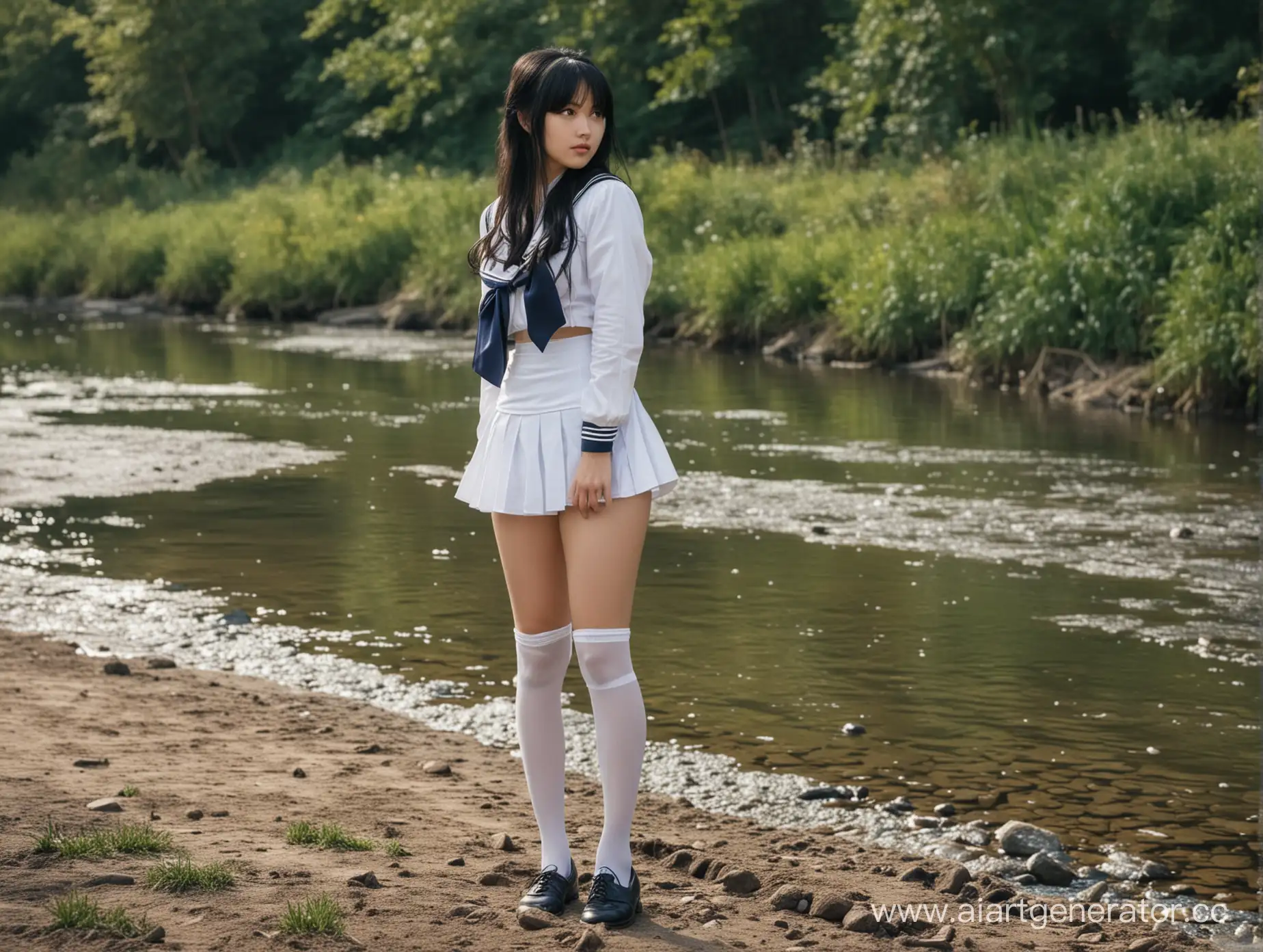 Japanese-High-School-Girl-in-Sailor-Uniform-by-Stream