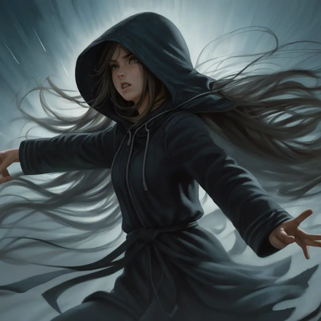 young woman, long wispy hair, fighting a shadowy hooded figure with wind blasts