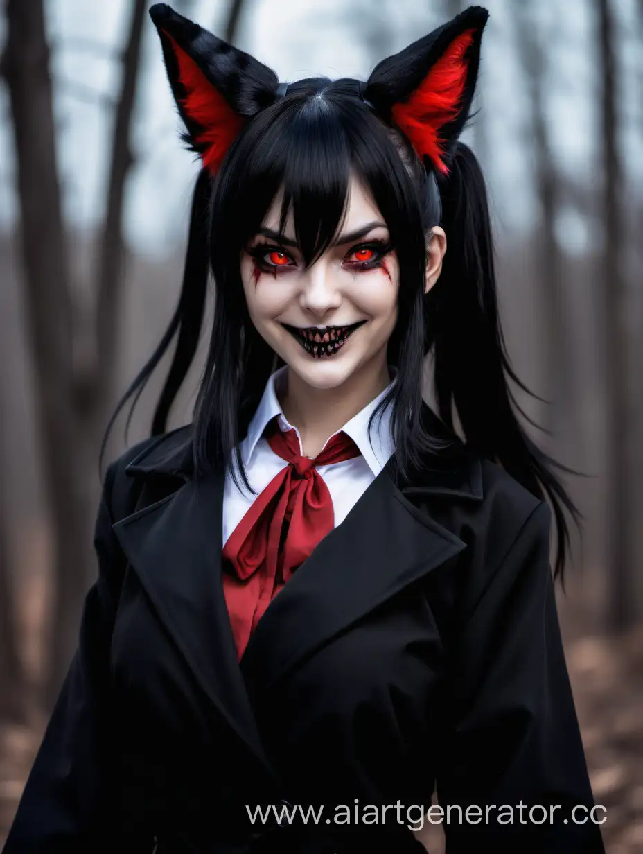 solo woman, black hair, ponytail hair, animal ears, fox ears, red eyes, black coat, evil grin, looking at you, horror