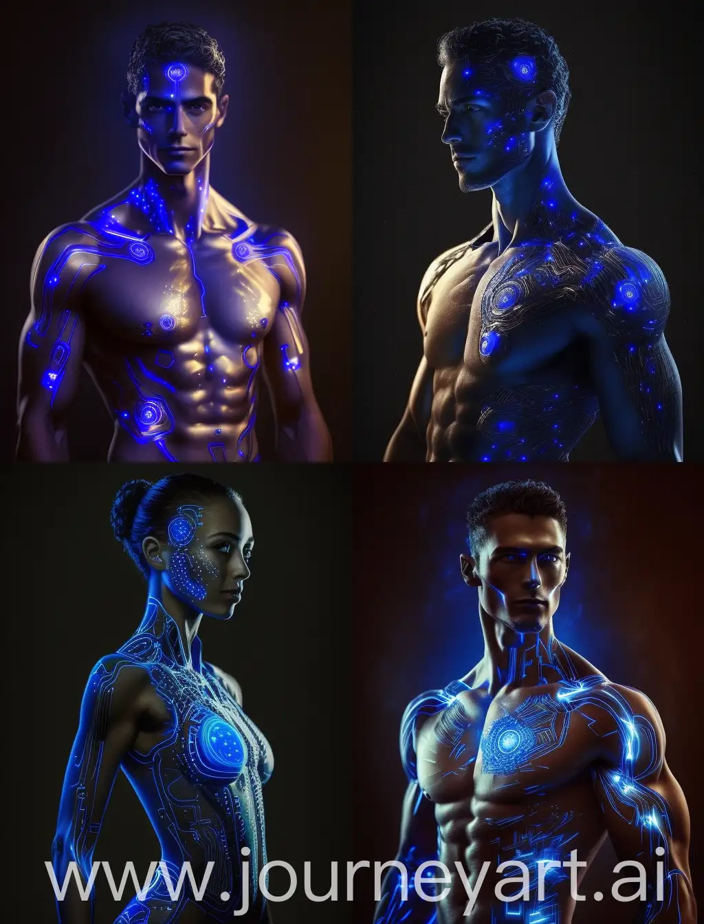 human-like android designed as a sports partner, skin is made up of a synthetic fluid that covers the body. On their right temple, they bear a circular small LED that visibly identifies them as androids and lights up in blue.

