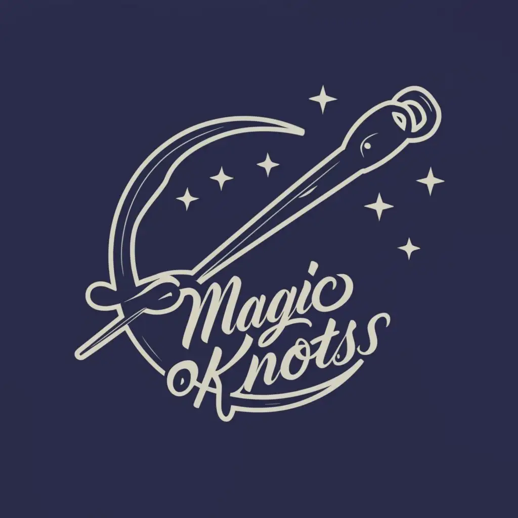 logo, Needle, moon, yarns, with the text "Magic Knots", typography