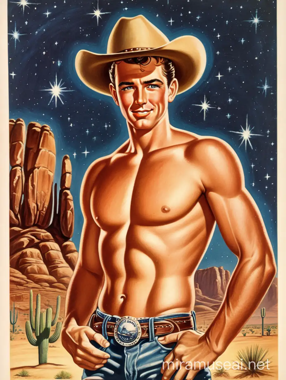 Vintage Cowboy Poster Rugged Desert Nightscape with a Shirtless Cowboy
