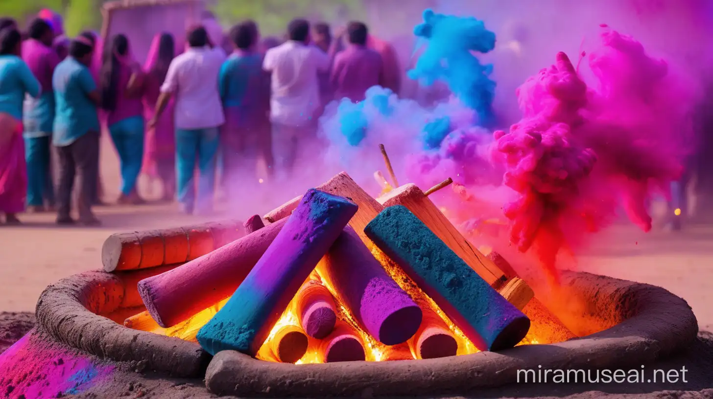a bonfire with blasting of colorful Holi color in the back