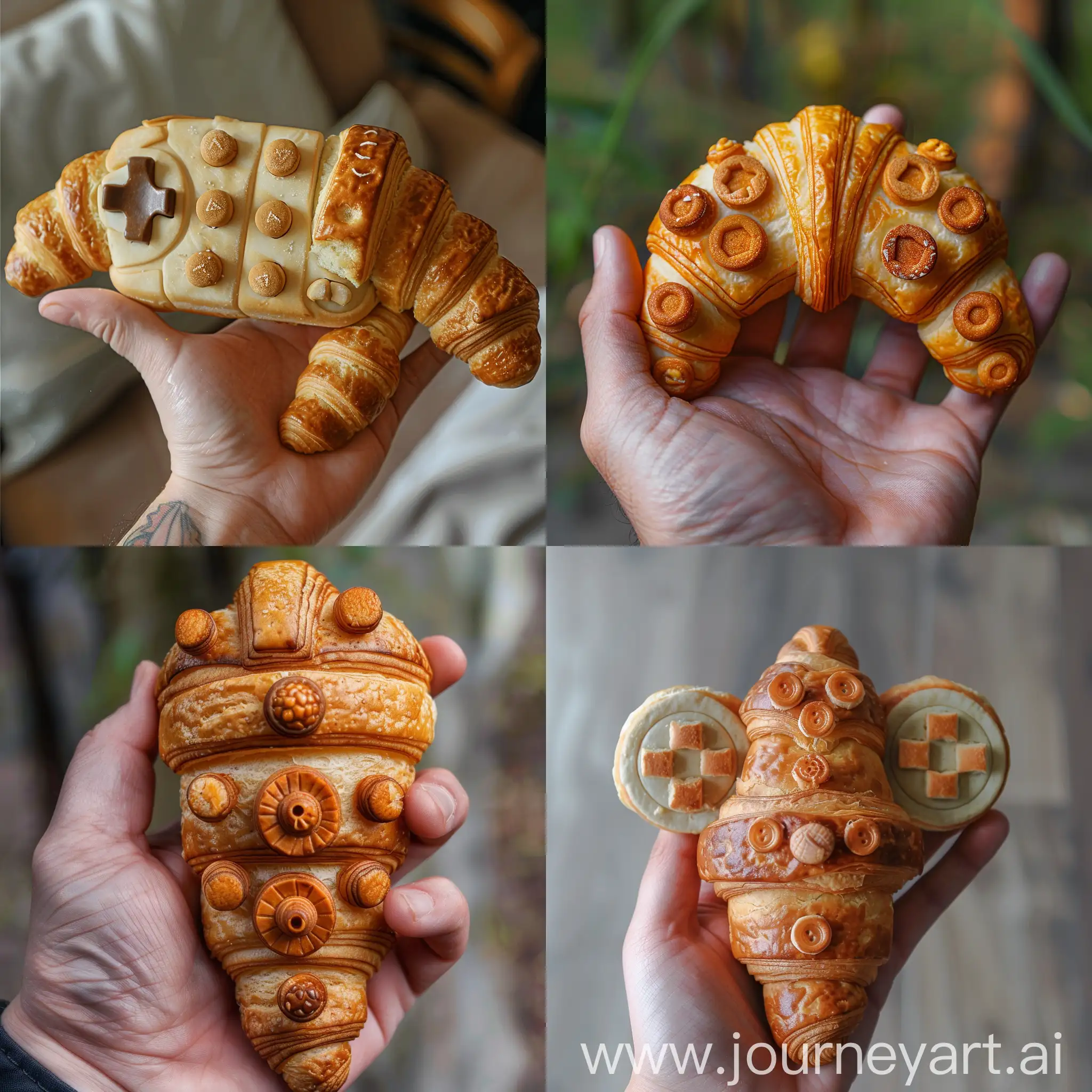 hand holds a delicious croissant in the form of a gaming joystick with buttons made of bread