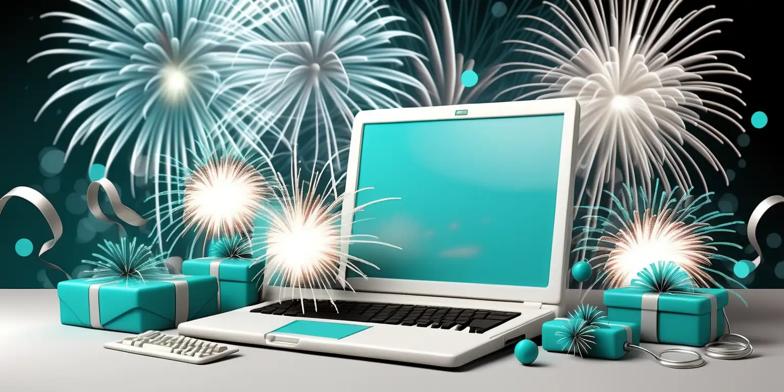information security on new year's eve in turquoise and white colors with fire works 