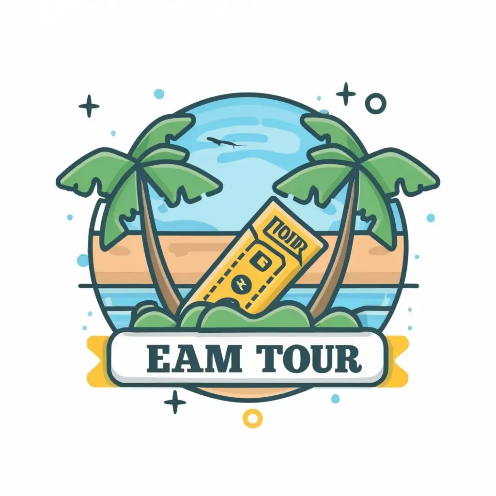 logo, passport. ticket. palm. sea. hotel, with the text "EAM TOUR", typography, be used in Travel industry