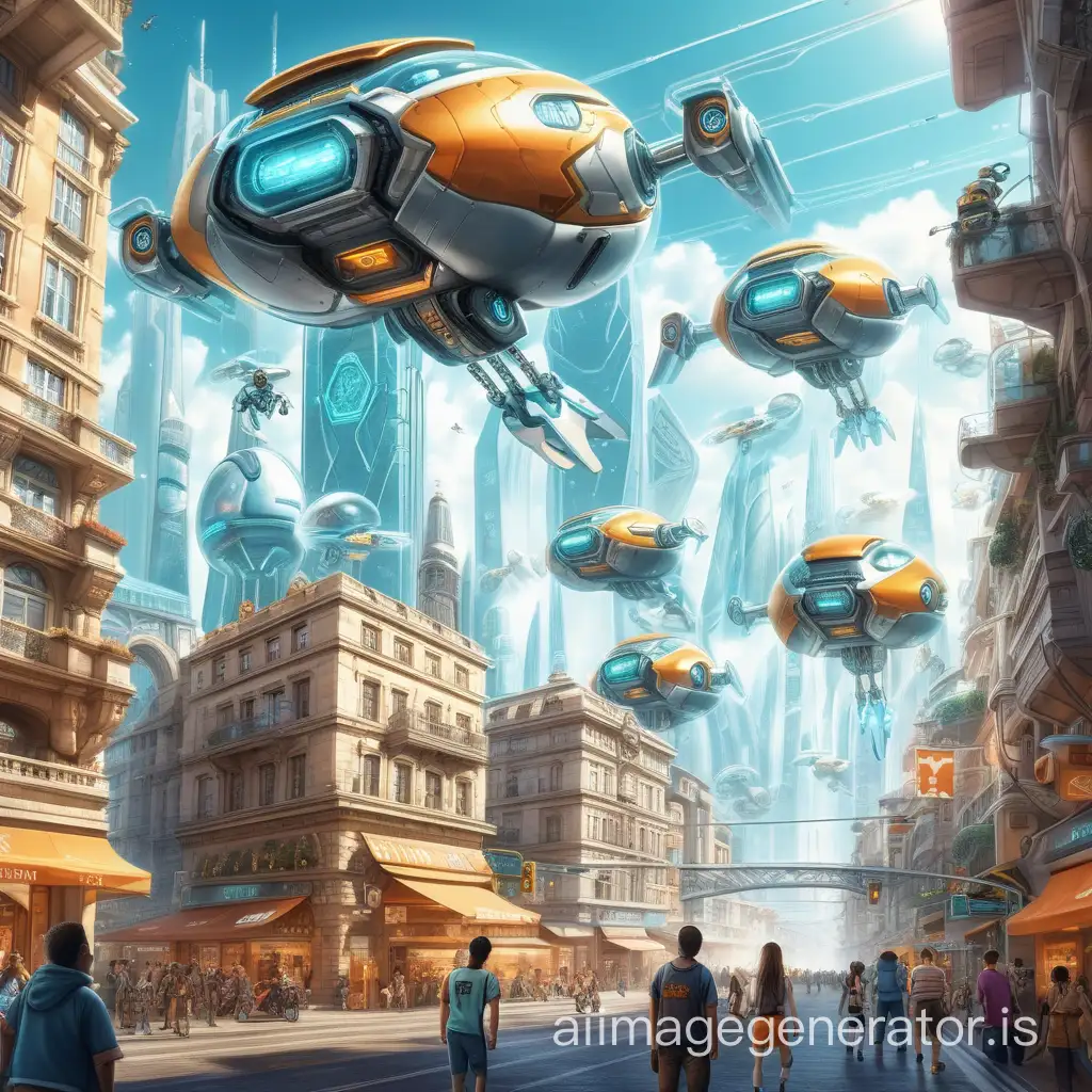 In a futuristic city, there are many people and robots on the streets, flying machines in the sky, bright atmosphere