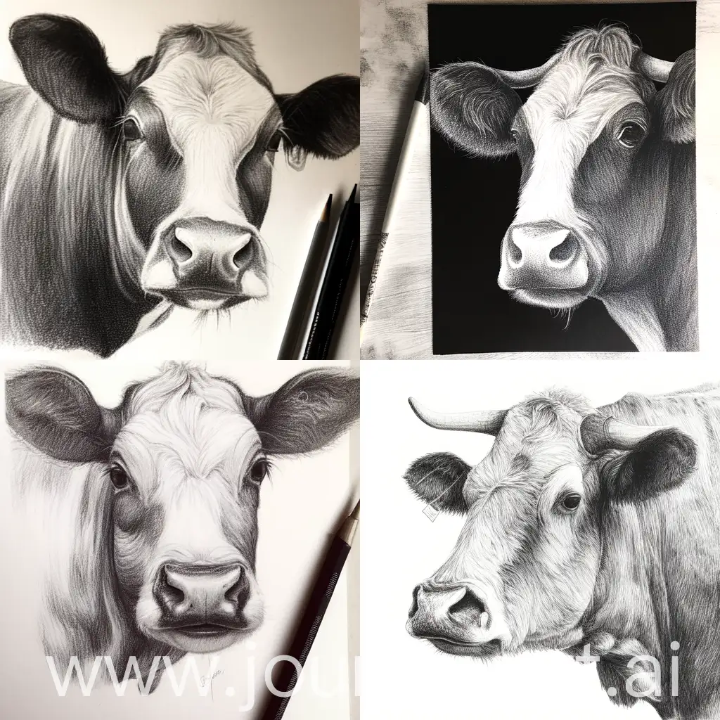 a black and white pencil drawing of a cow, just the head.