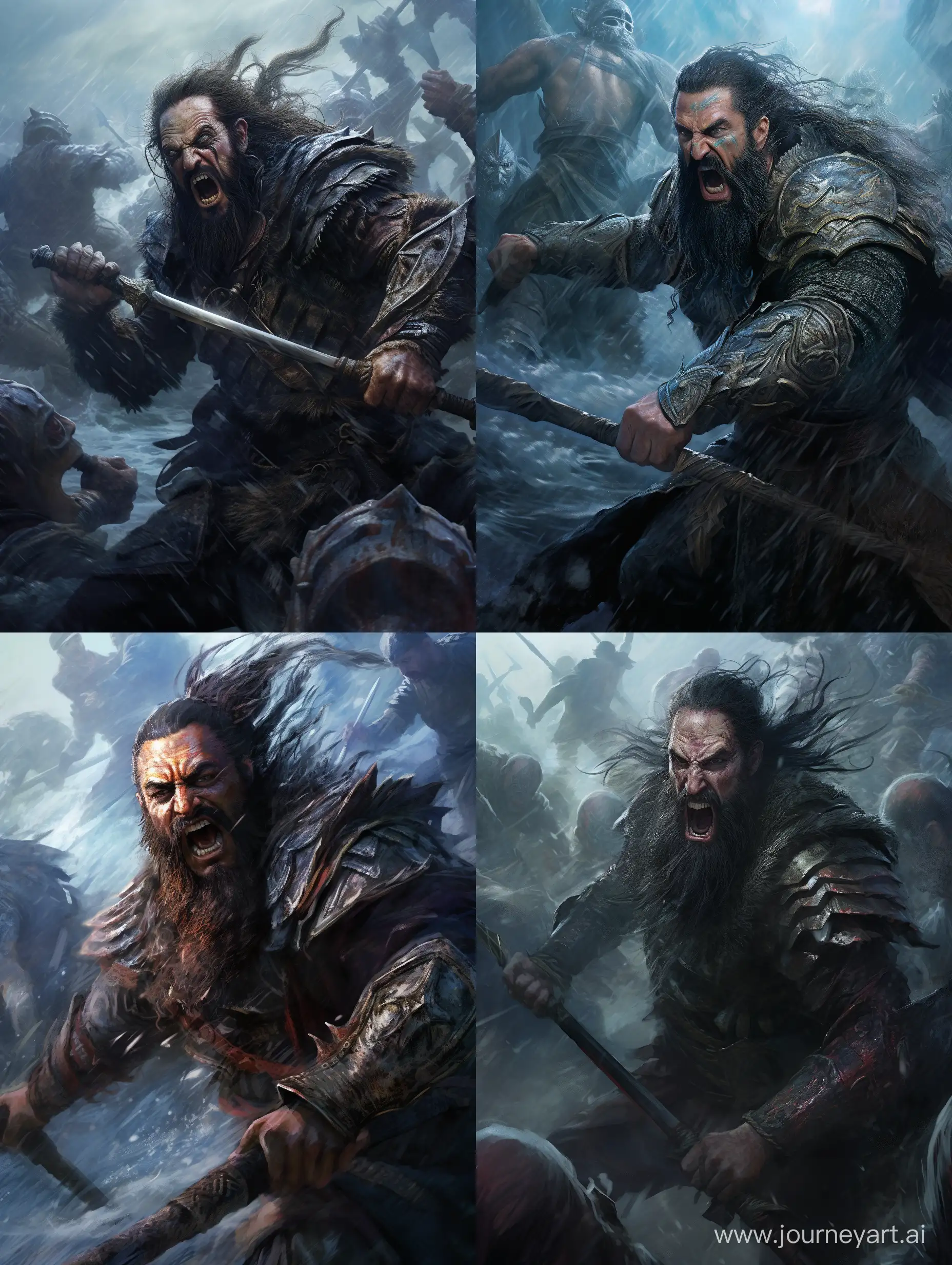 /imagine prompt: A hyper-realistic and highly detailed image that captures the essence of Blackbeard attacking other ships in a war scene. The atmosphere is tense and chaotic, with the lighting emphasizing the destruction and the action. The color temperature is cool, with a hint of blue, evoking the cold waters of the Atlantic. Blackbeard is shown in full body, with a fierce expression on his face as he leads the attack. The other ships are in the background, with smoke and debris filling the air. The image has a cinematic quality, evoking the excitement and danger of a scene from a high-budget pirate movie. The composition is dynamic, with the focus on Blackbeard and his crew as they engage in a fierce battle with their enemies. The background is highly detailed, with intricate details in the ships and the waves of the ocean. The image is in 12K resolution, allowing for maximum detail and clarity, making it a perfect fit for large screens and immersive experiences. --ar 3:4 