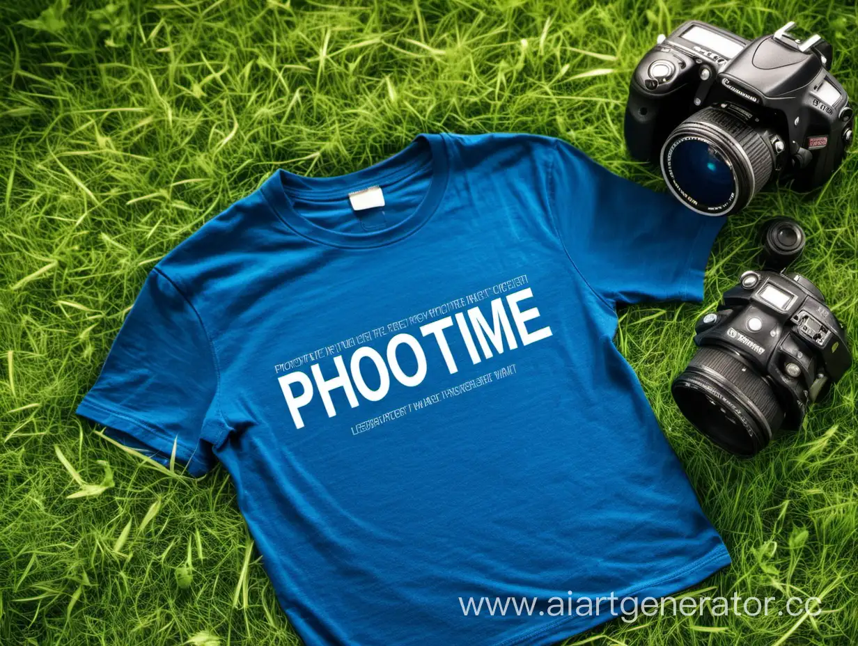Синяя фуболка с надписью на груди PhotoTime лежит на зелёной траве рядом с фотоаппаратом