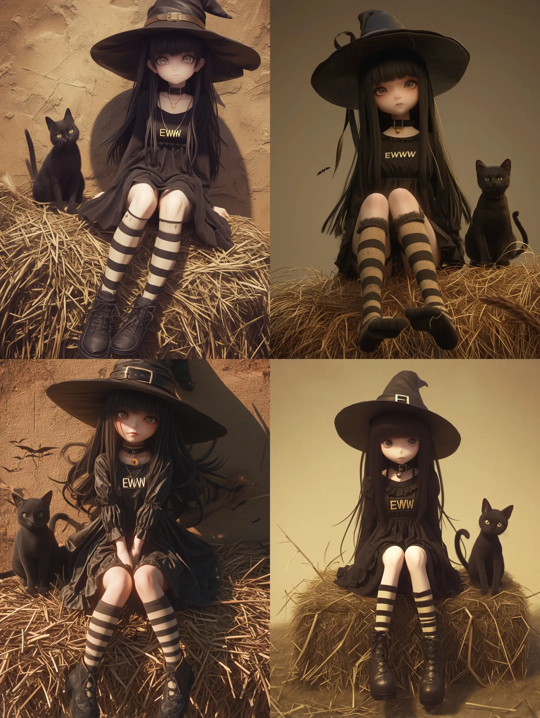 Cute-Anime-Girl-with-Black-Cat-Witchy-Haystack-Scene