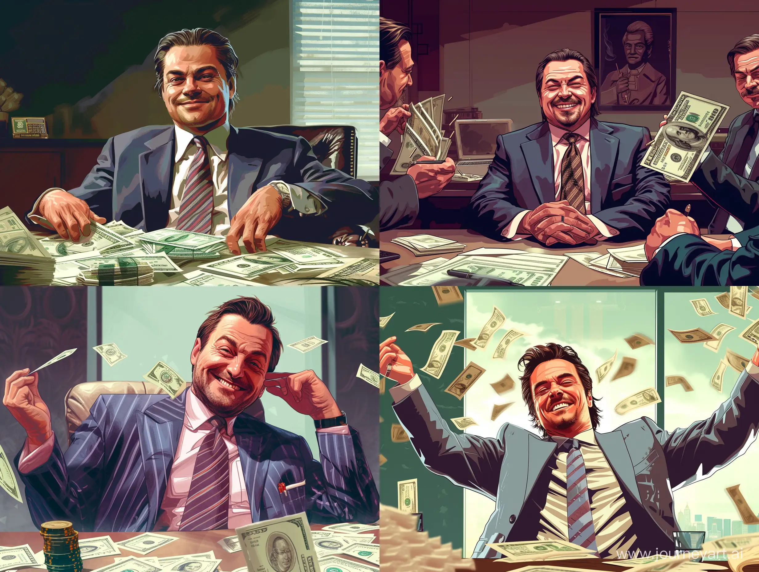 wolf of wall street making deals with confident humble smile, grand theft auto artstyle, loading screen, celshading, highly detailed, studio lighting