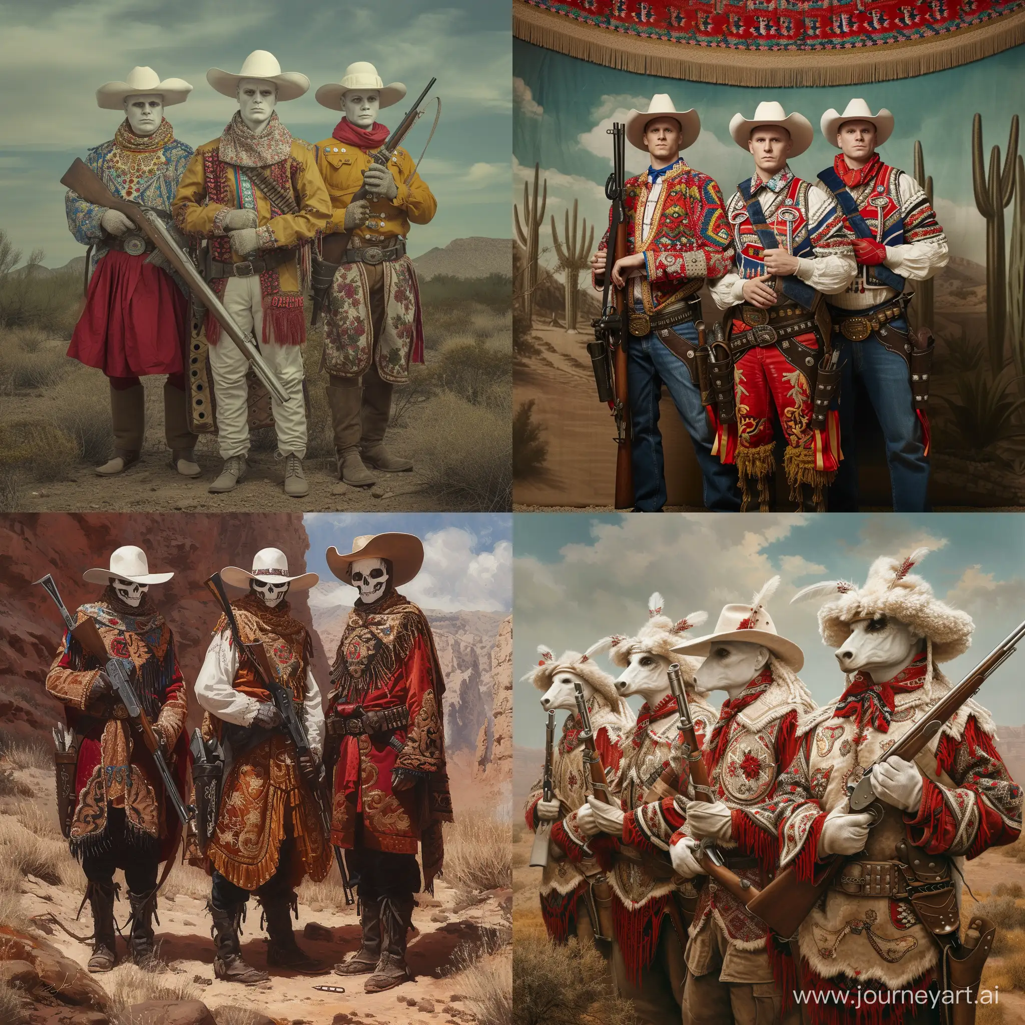 Cowboys from Arizona dressed in traditional Slavic outfits, white-skinned men, with weapon fight against migration