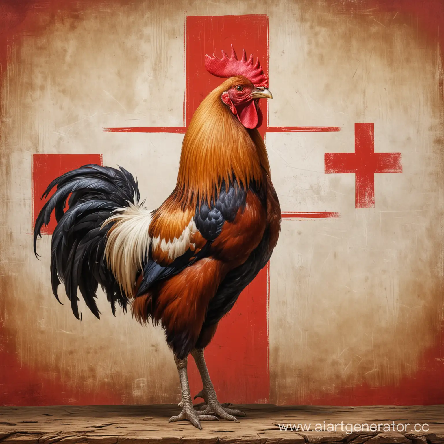 Majestic-Rooster-Silhouetted-Against-Vibrant-Red-Cross