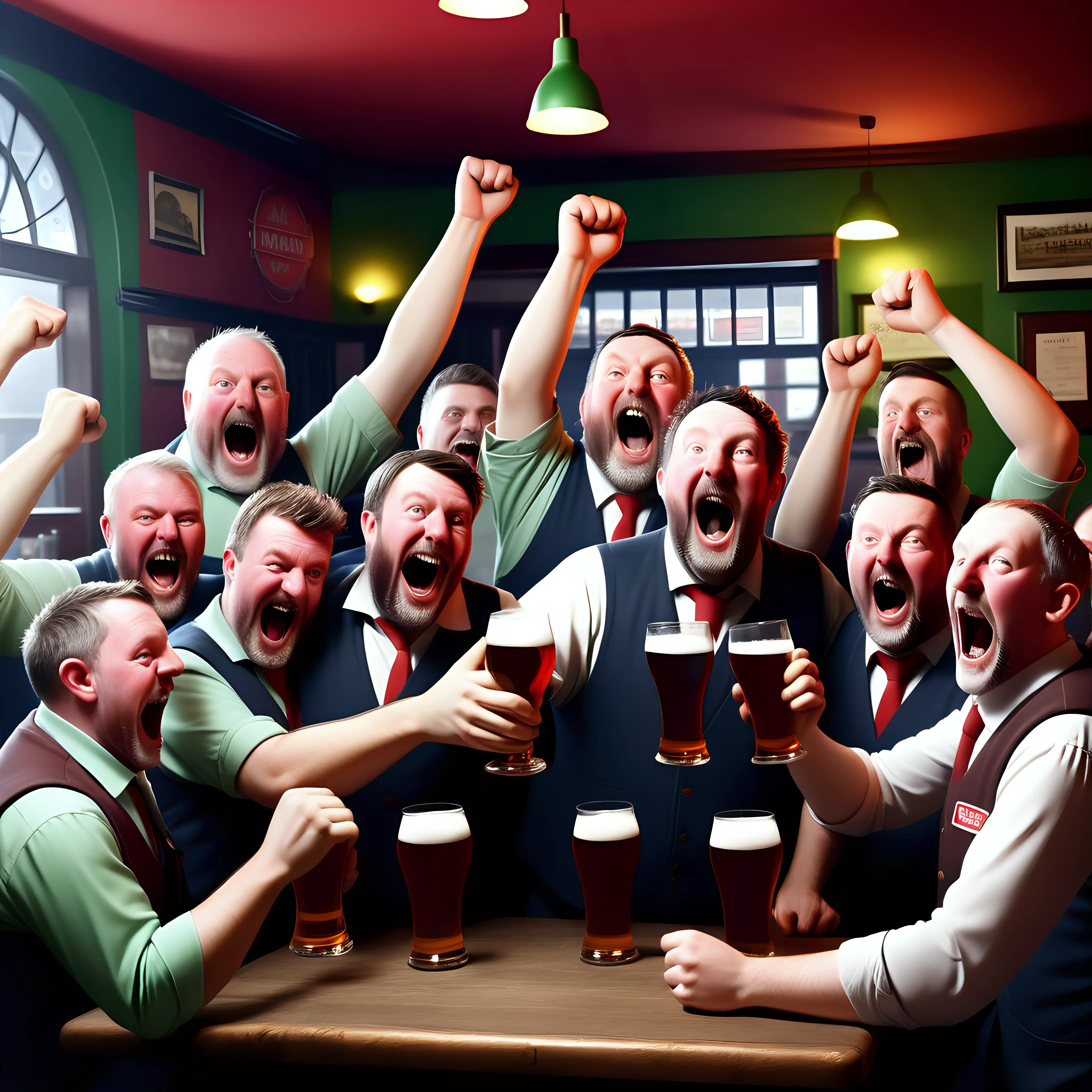 surrealistic image of the labour union members celebrating a succesfull strike in a pub.