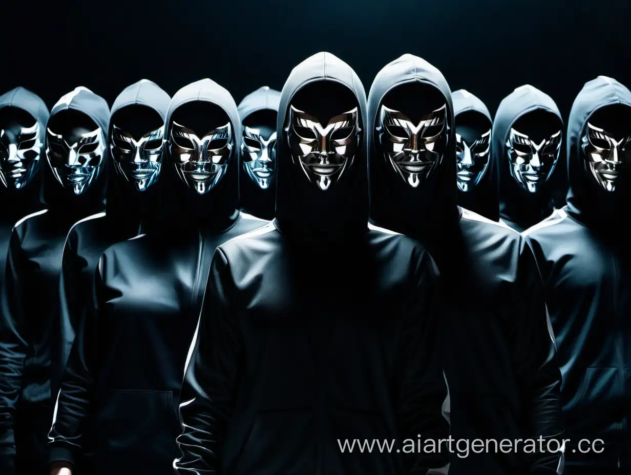 Девять персонажей в зеркальных масках закрывающие лицо целиком стоят в темноте, одеты в черную спортивную одежду. крупный план