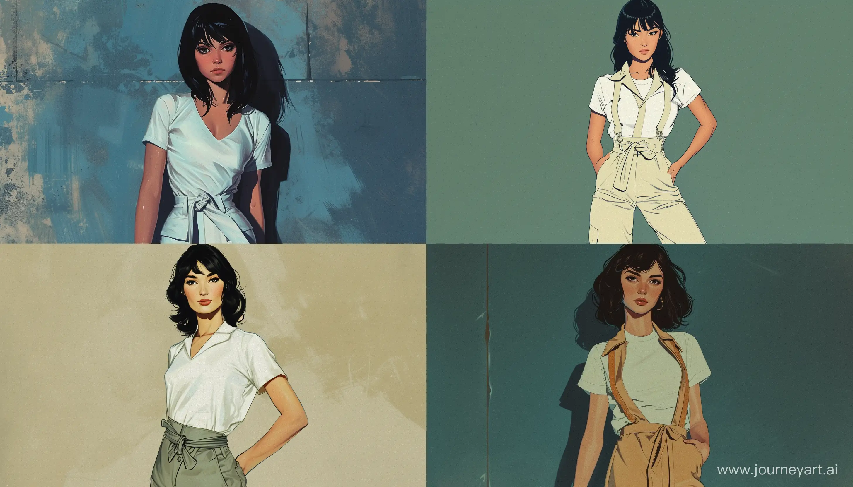 70s dark fantasy art, illustration of the engineer european woman with black hair, nice soft face, perfect figure and wide hips wearing white T-shirt and jumpsuit, which upper part is tied over her thin waist --ar 7:4 --v 6