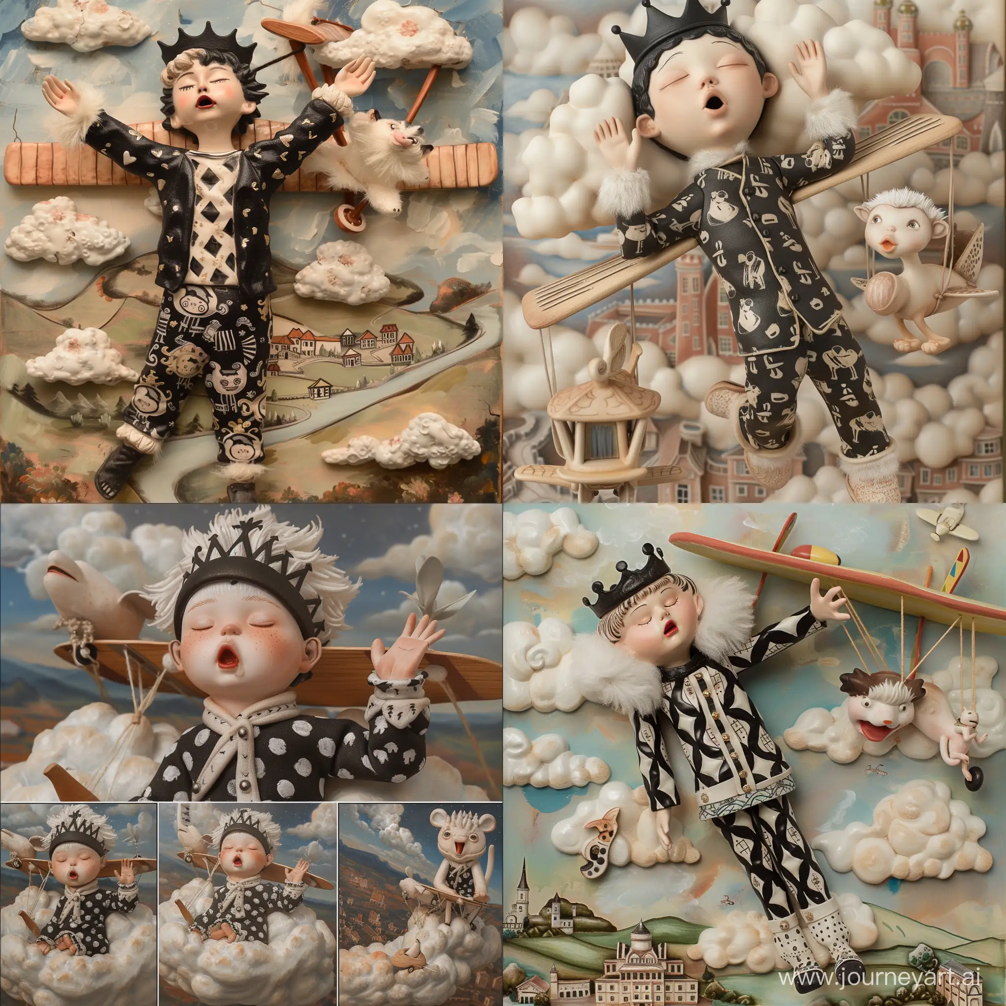 A ceramic art doll in the shape of a fairy tale.. In the story, a boy wears a prince's black and white patterned clothes, with pajamas outside his clothes, and a Po Feng (((Po Feng has white furry hair on the edge))) hanging on his shoulders. He wears a black crown. Suffering from sleepwalking. He closed his eyes, stretched out his hands, and walked aimlessly on the clouds. He could see classical towns in mid-air, and his style was inspired by Laurel Burch and Eric Carle. A lovely Suricata suricatta follows the prince in a classic and simple wooden plane, with his mouth open in a surprised expression, and the painting shows multiple perspectives of the scene. 8K, real
