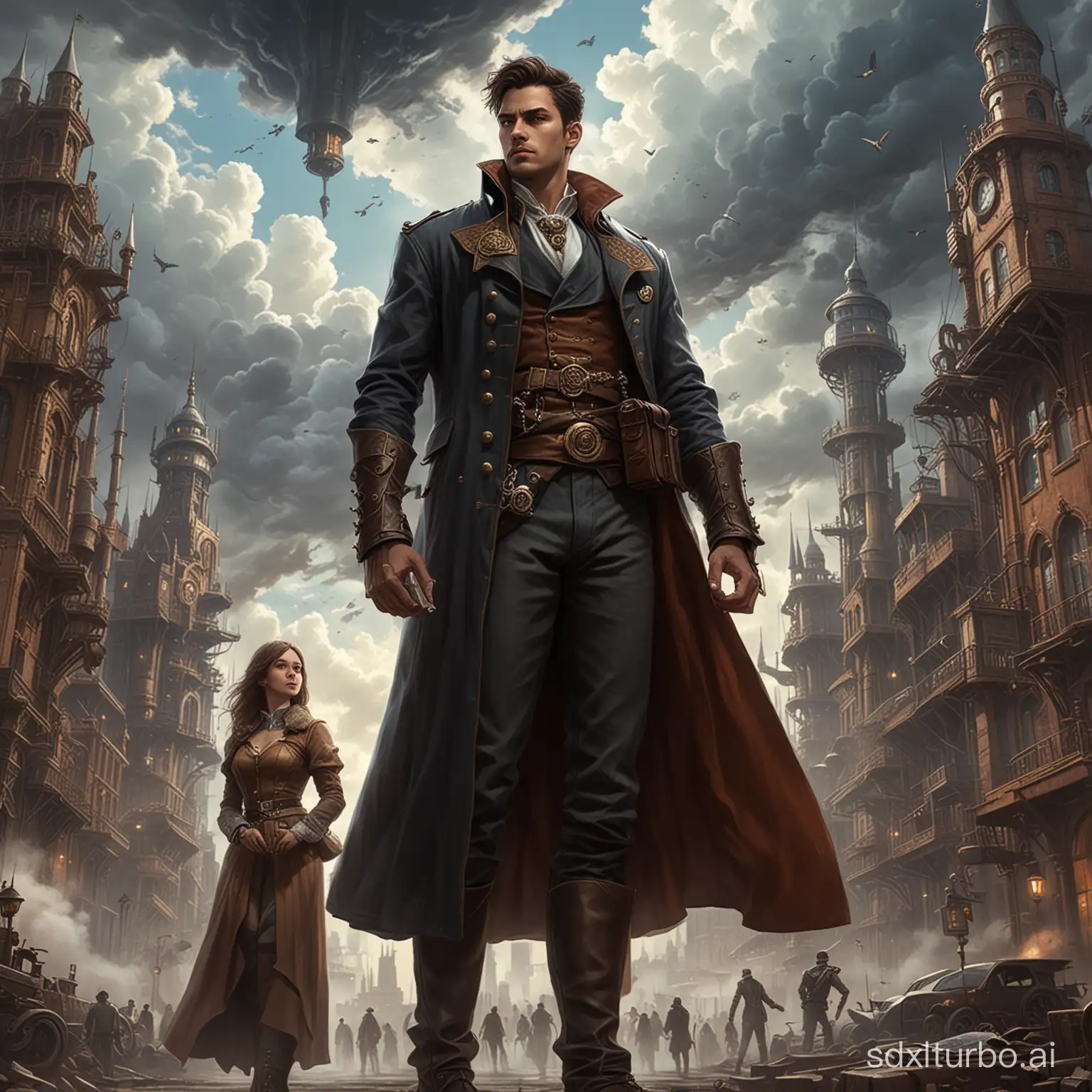 A bustling steampunk-inspired city with tall towers and industrial machinery, set against a dramatic cloudy sky. In the foreground, a young man in simple clothing stands protectively in front of a regal-looking prince wearing finery. To the side, a woman wearing a long coat holds an ancient tome, magic swirling around her hands. Behind them looms a shadowy figure, possibly a criminal mastermind, plotting sinister plans. The overall scene should convey a sense of impending conflict, romance, and the clash between duty and destiny.