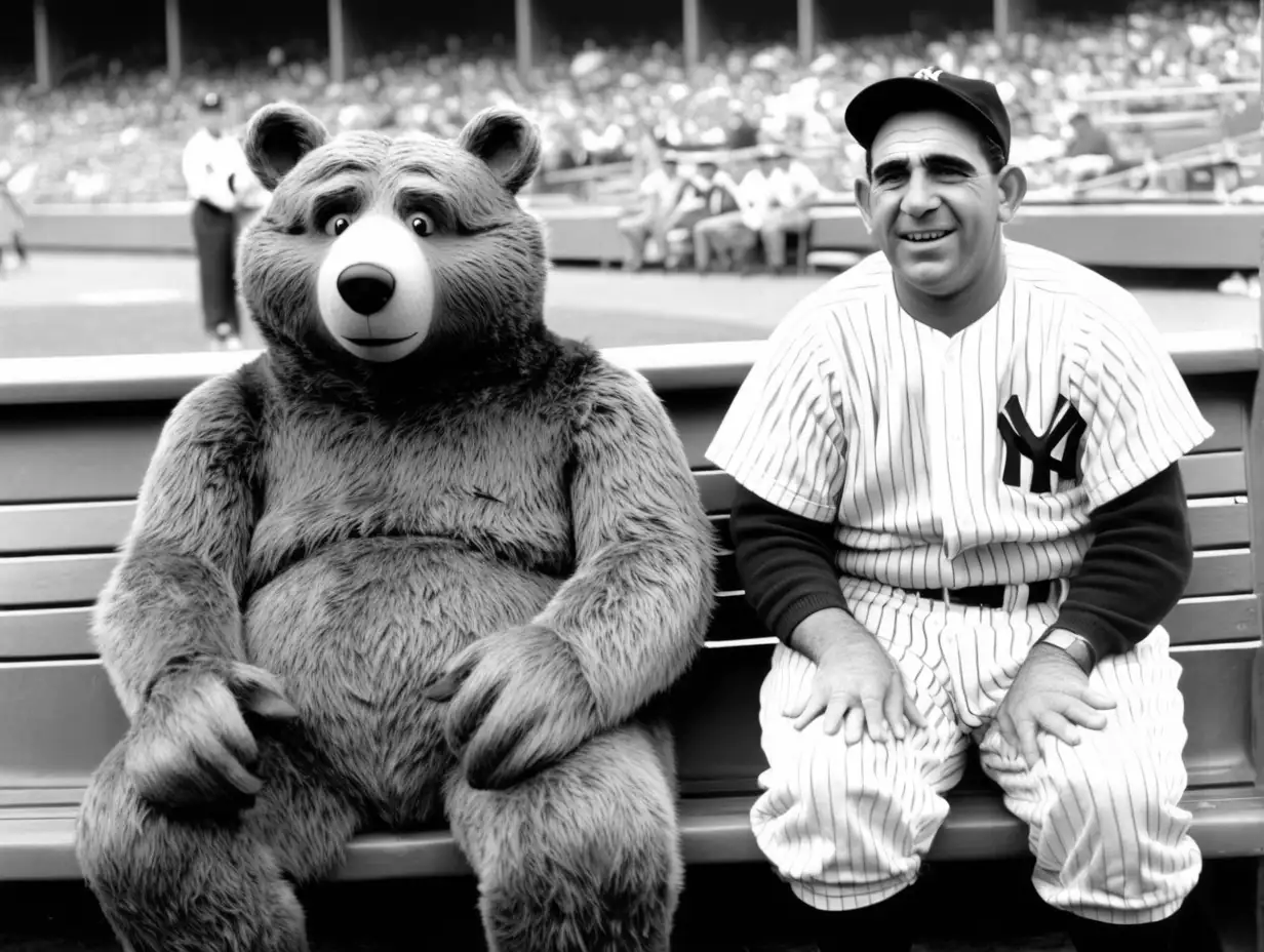 Yogi the Bear and Yogi Berra sitting on the bench in Yankee Stadium 1951