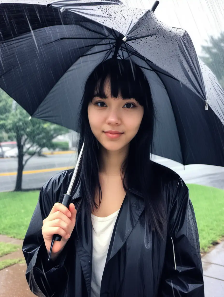Candid photo taken from Iphone camera, in color. Photo of 23-year-old girlfriend, who is who is half-Caucasian and half-Chinese. Has bangs. Has long black hair. She looks stunning and gorgeous. Looks intelligent and looks successful in life. Walking outside while raining and holding an umbrella






