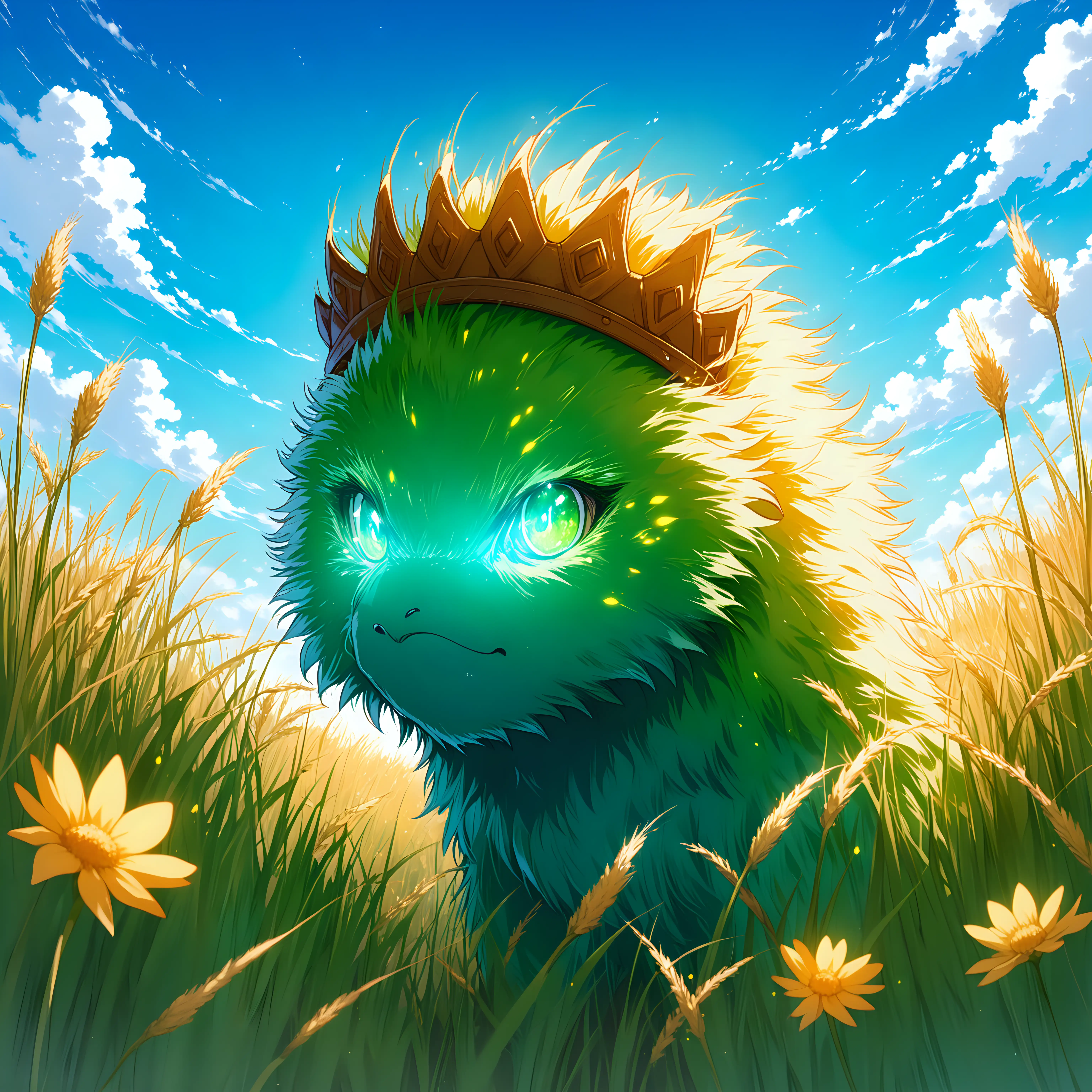 A fighting creature, lives in the prairie, view up at it, blends in with the delicate wildflowers, he wears a grass crown of dry grasses, he hides well, he has anger in his eyes, foghting anime creature, bright, down-lit, greens, yellows, beige, ocre, vibrant colors, blue sky, level 3625, high definition, eyes glowing, medium-high contrast, blue, teal, aqua sky