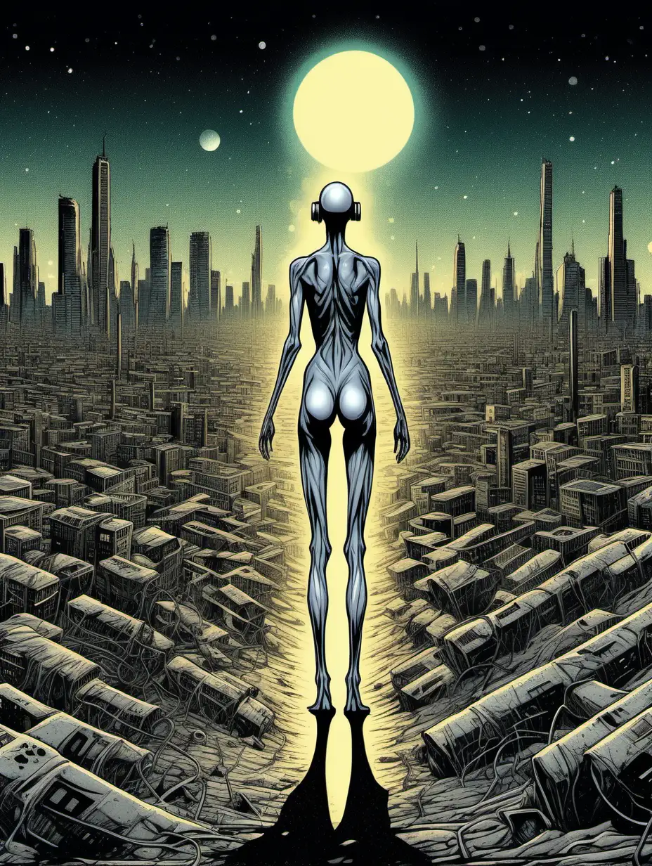 a highly detailed grungy dystopian comic book style illustration of a tall frail naked figure with grey skin and extremely long legs, arms and fingers. Wearing a shining silver Virtual Reality headset. crawling through a dystopian desert wasteland on hands and knees.  An extremely bright glowing neon city in the background. everything is dark except for the glowing city in the background. the light from the city reflects onto the figure.highly detailed. dirty. cloudy night. low dramatic lighting. 4k.