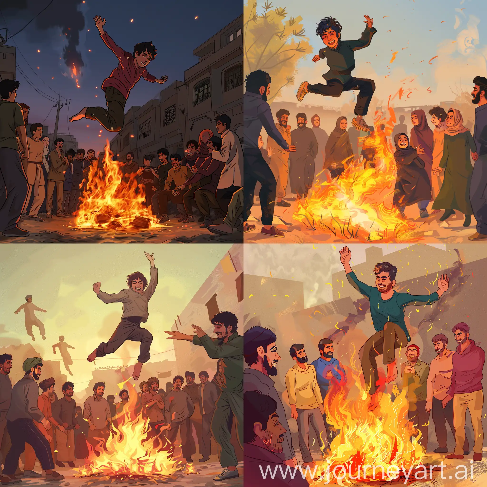 animation style the Iranian Chaharshanbe Suri celebration where people jump over fire and a happy group of people around the fire watching A young man of twenty years jumping over the fire and the man who is jumping is happy , add more detail