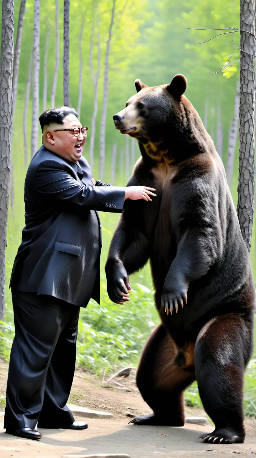 Kim Jongun Playing with Black Bear in Forest at Dusk