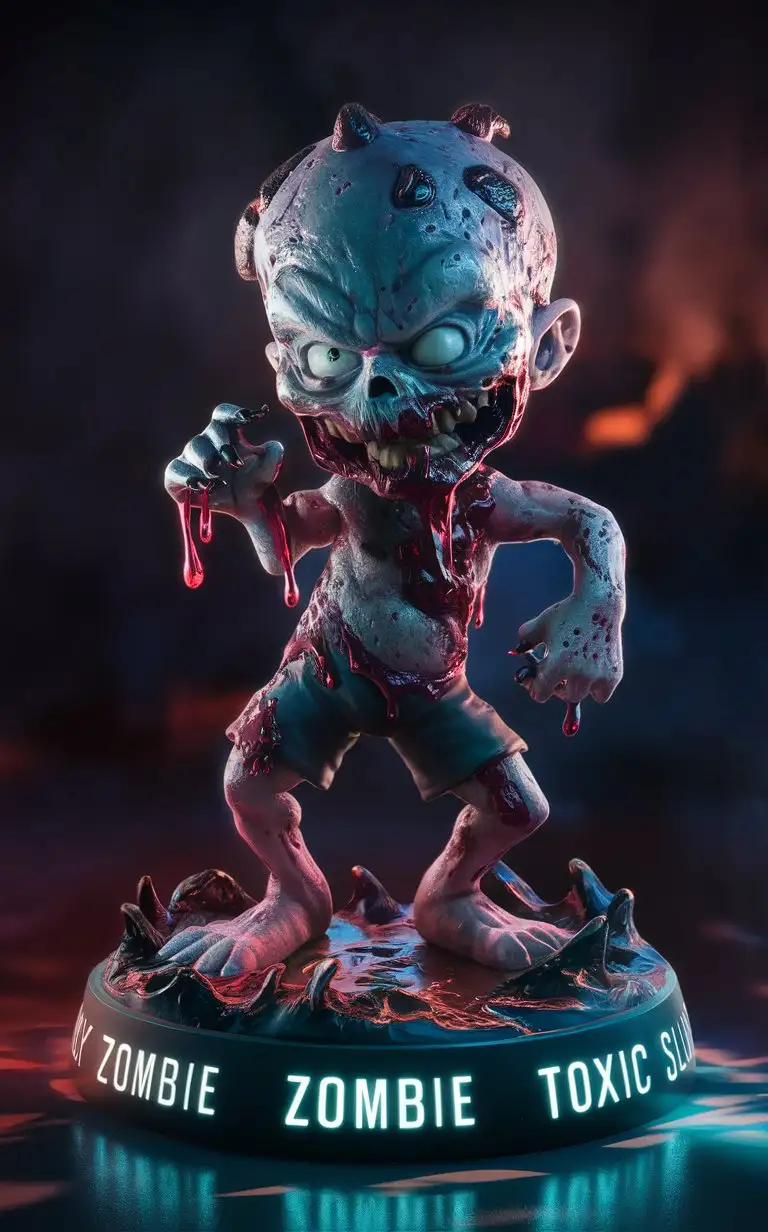 3D cartoon Disney character portrait render. full-body uhd Toxic Sludge Spawn Figurine: close-full-body, breathtaking, 8k16k anime style, vector, slick bold design, glossy lines, Zombie Apocalypse aesthetic, intricate sculpting, hand-painted details. Standing at 3.5 inches tall, the Toxic Sludge Spawn figurine oozes with toxic slime, its grotesque form and contorted pose captured in stunning detail. Crafted from sleek metal alloy, its bubbling, corrosive exterior seems to pulse with malevolent energy. With hand-painted accents highlighting its slimy texture and mutated features, this figurine is a chilling reminder of the dangers of the undead. Crisp zombie text adorns the base, with volumetric lighting casting eerie shadows across its surface.