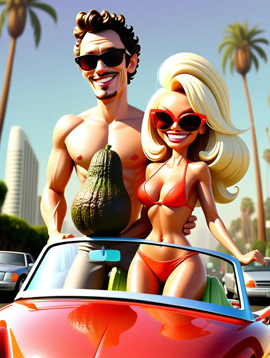 Whimsical Sunset Strip Adventure with James Franco and Pamela Anderson in Pixar Style