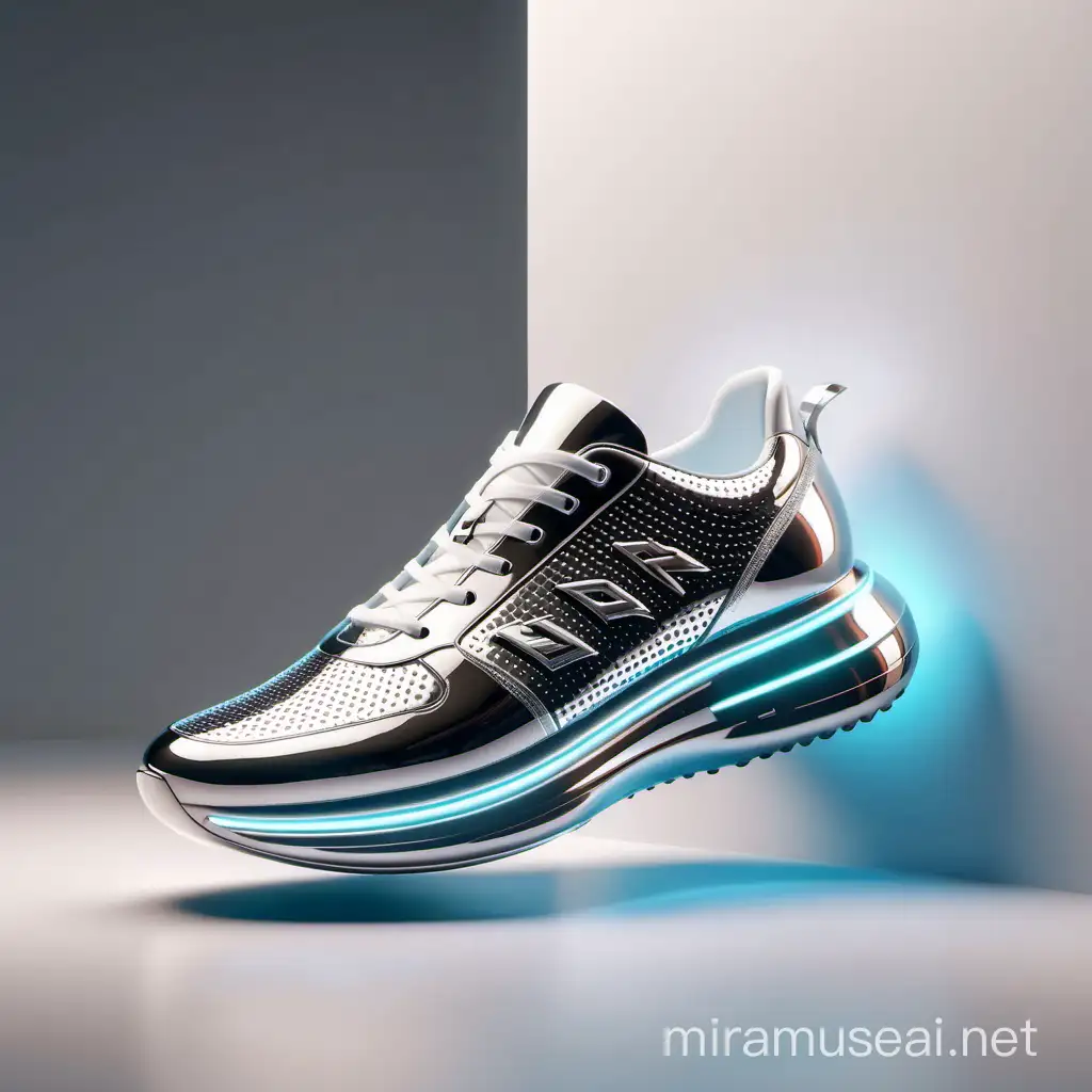 3D 8k minimal realstic illustrator mininal futuristic metal garage look woith white and silver sport shoe shinning and glittering